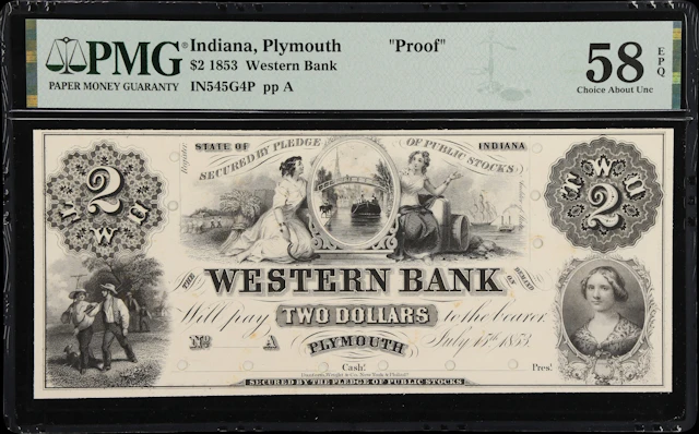 Plymouth, Indiana. Western Bank. 1853 $2. PMG Choice About Uncirculated