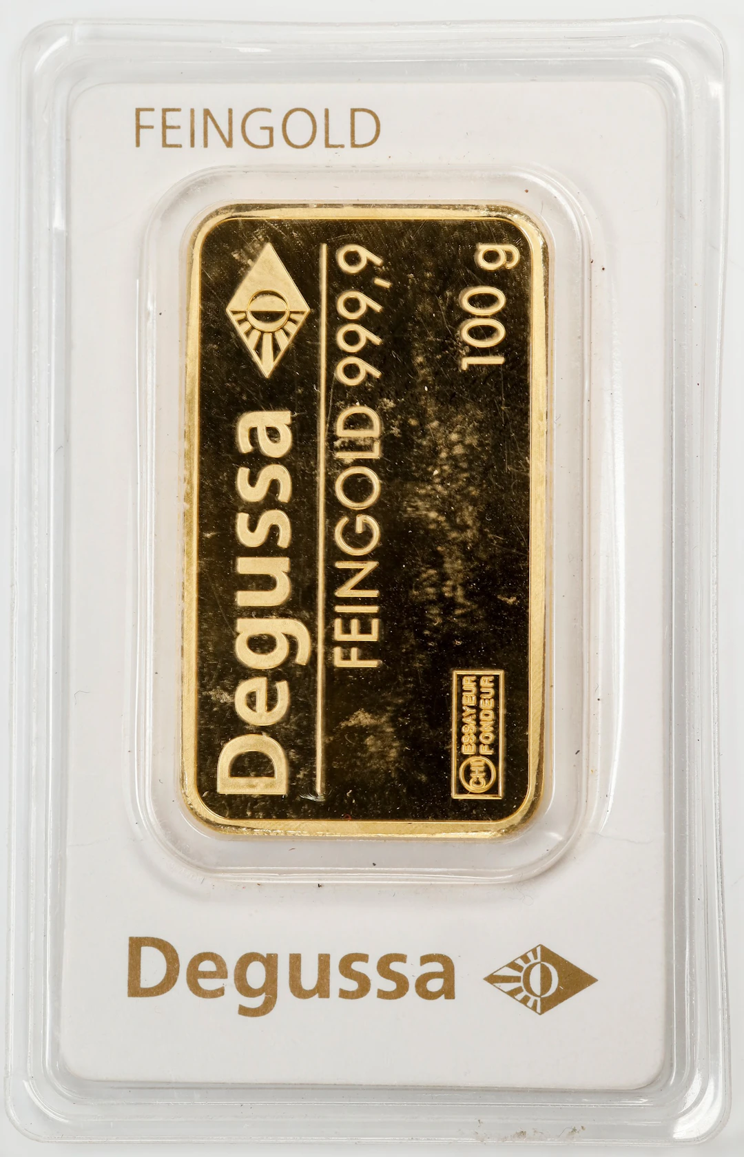 (3.215 oz, 100 g AGW). Degussa 100 gram Gold Bar.