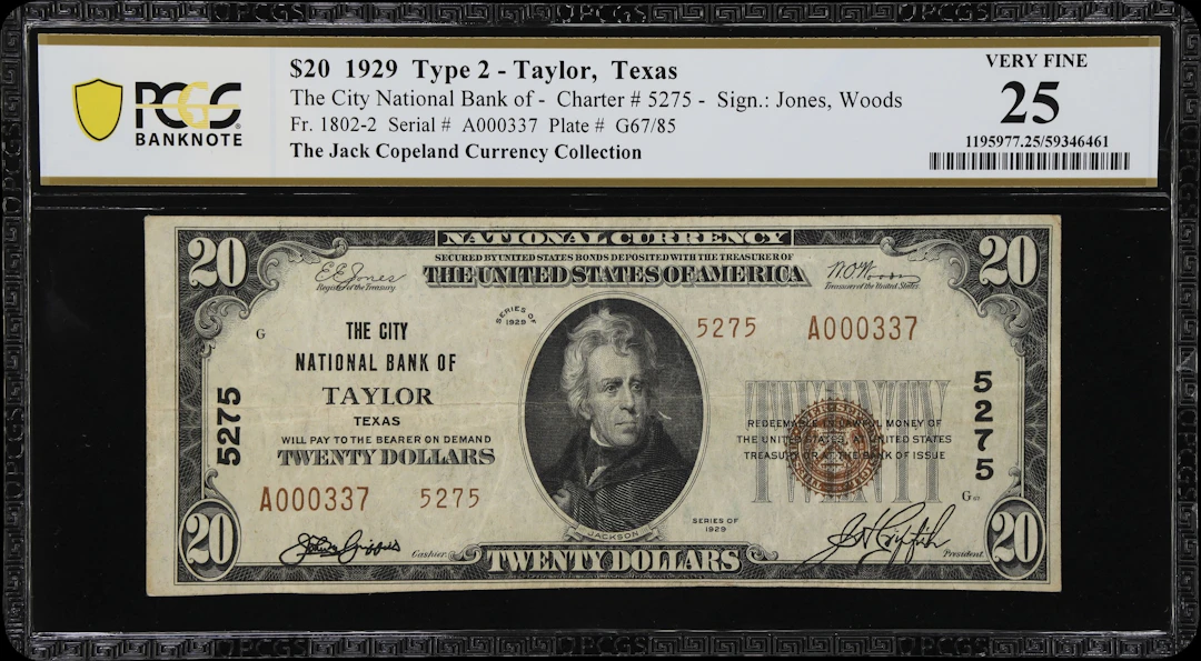 Taylor, Texas. $20 1929 Ty. 2. Fr. 1802-2. City NB. Charter #5275.