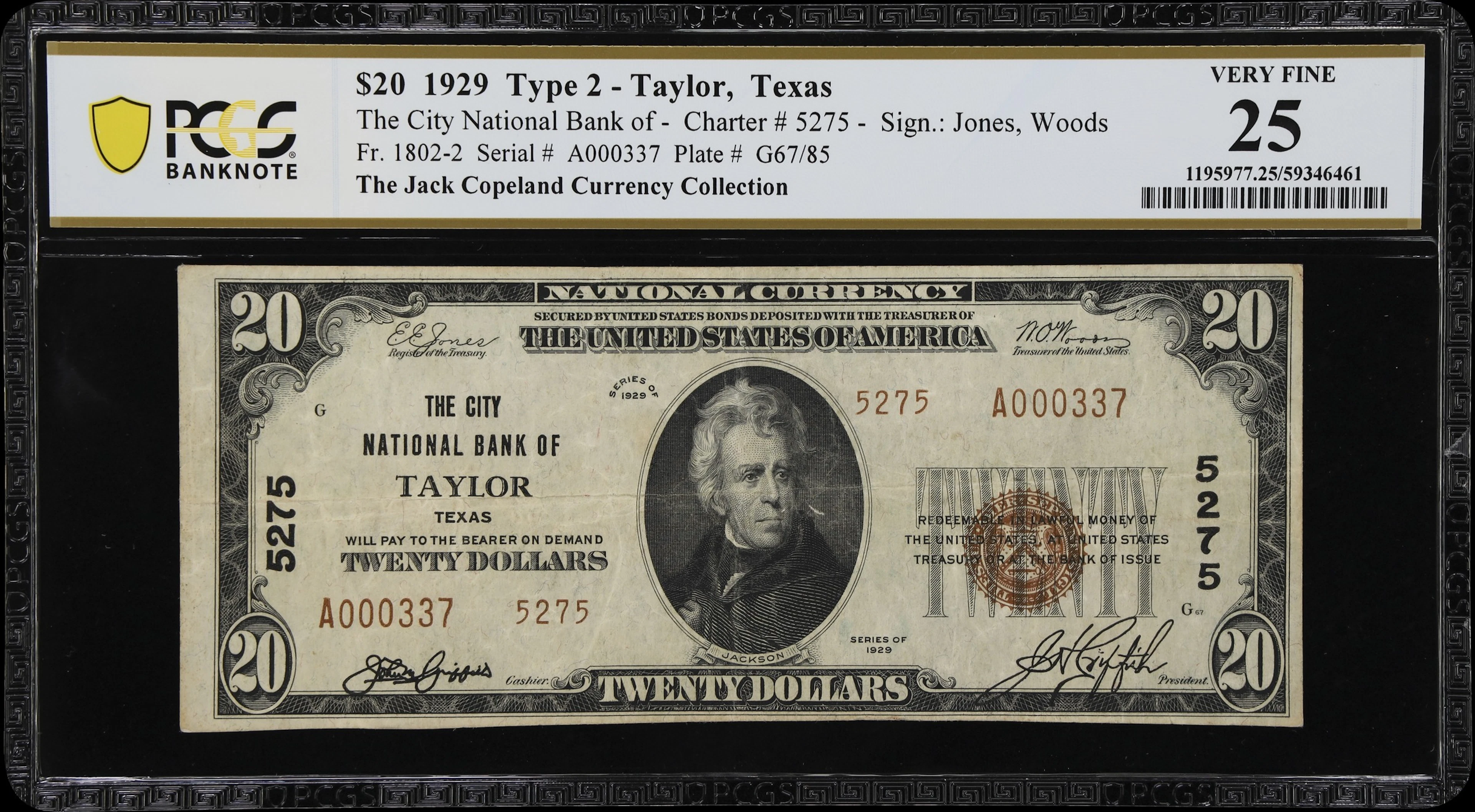 Taylor, Texas. $20 1929 Ty. 2. Fr. 1802-2. City NB. Charter #5275.
