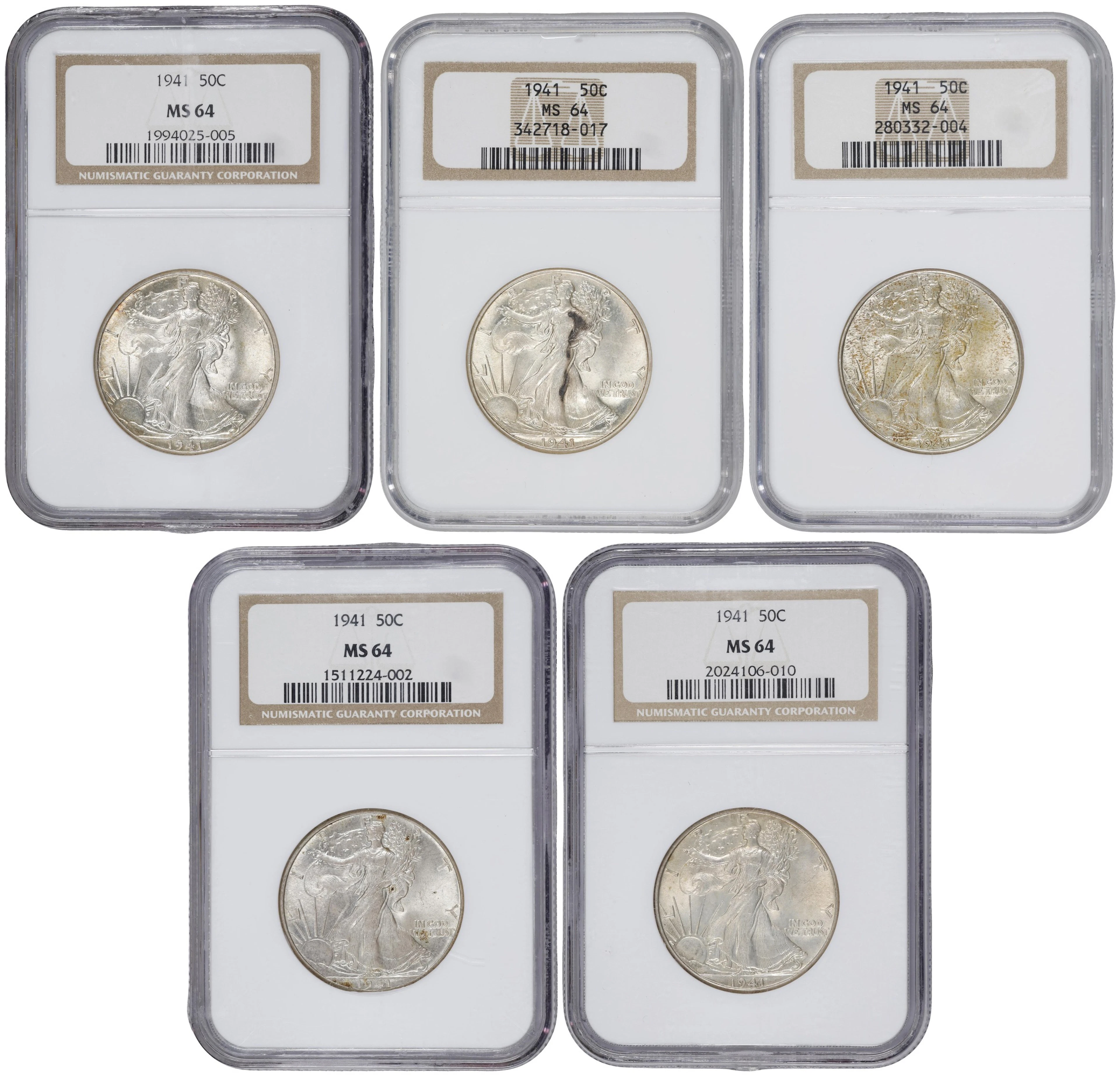 Lot of (5) 1941 Walking Liberty Half Dollars. MS-64 (NGC).