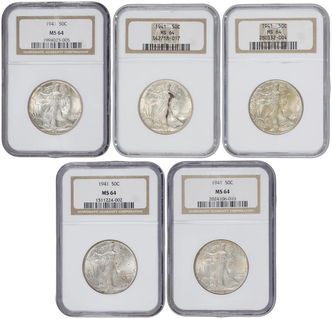 Lot of (5) 1941 Walking Liberty Half Dollars. MS-64 (NGC).