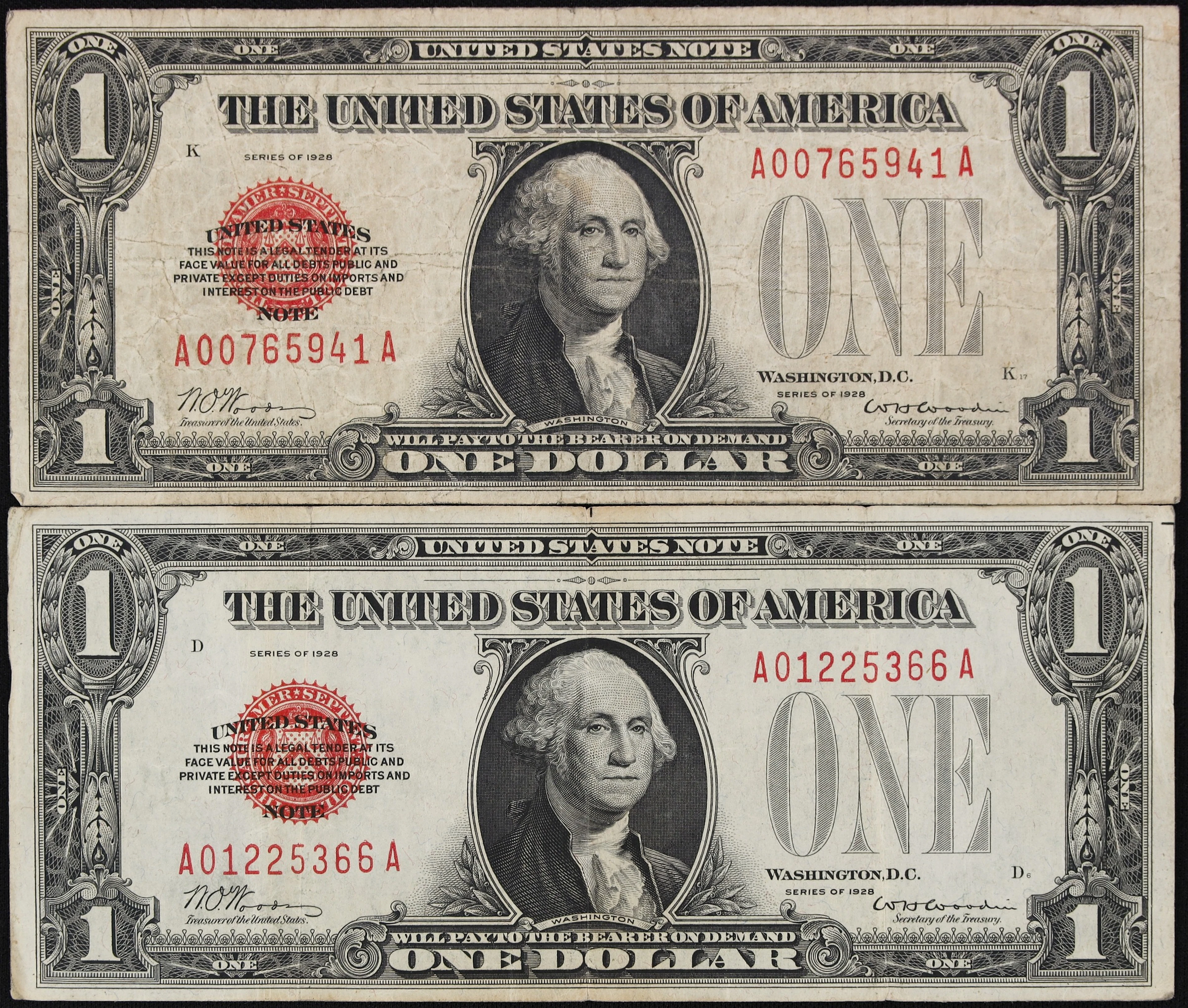Lot of (2) Fr. 1500. 1928 $1 Legal Tender Notes. Very Good to Very Fine.