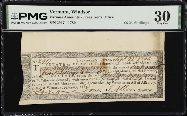 Windsor, Vermont. Treasurer's Office. September 22, 1785 6 Pounds