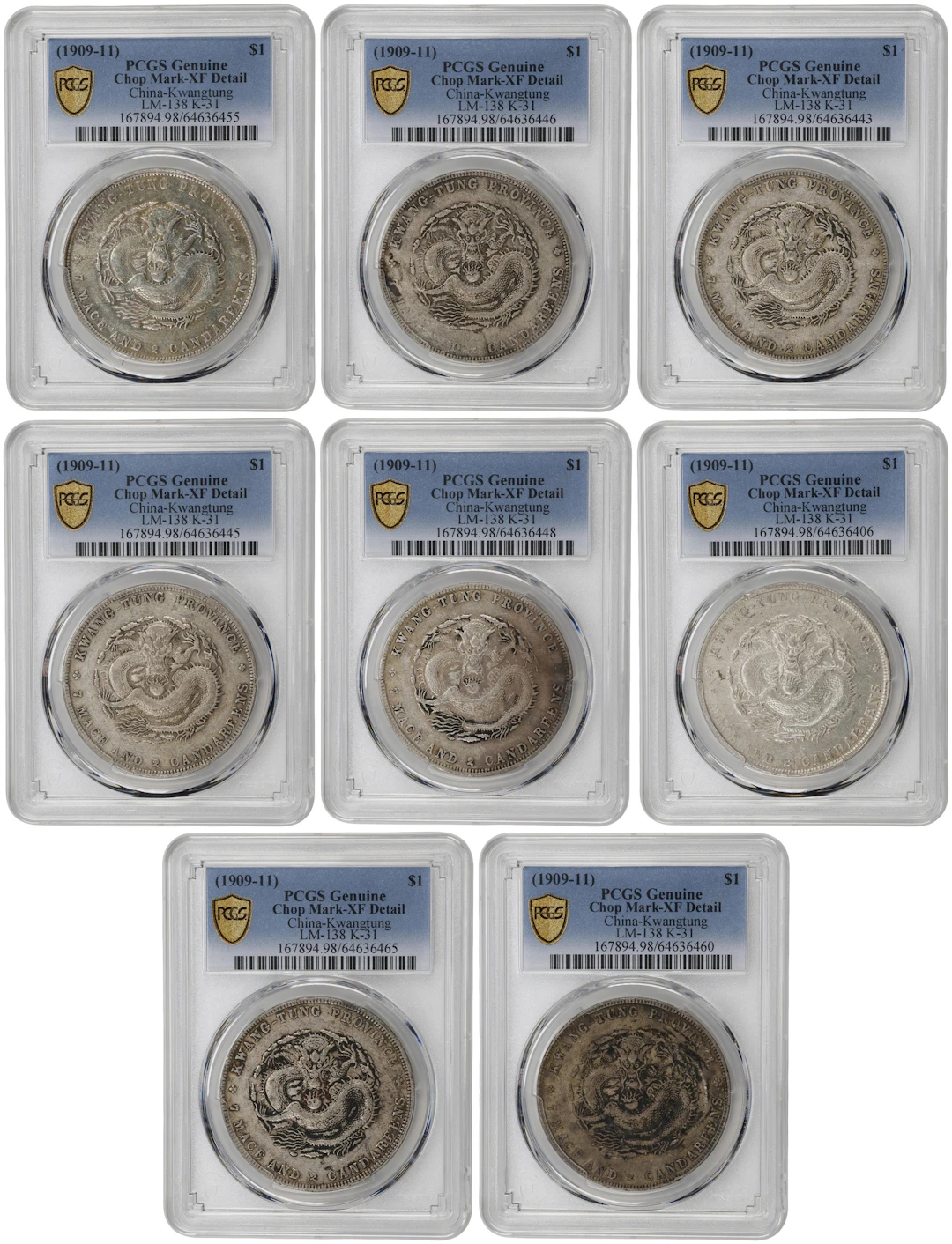 (t) CHINA. Kwangtung. Octet of 7 Mace 2 Candareens (Dollar) (8 Pieces)