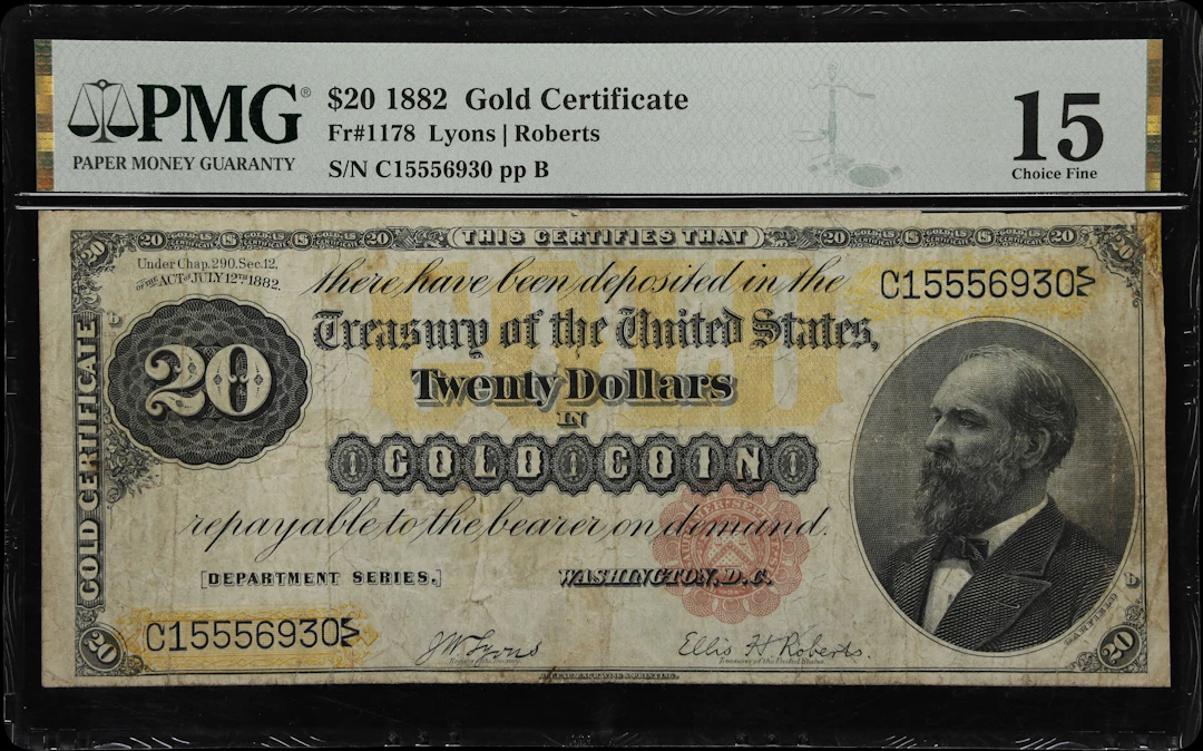 Fr. 1178. 1882 $20 Gold Certificate. PMG Choice Fine 15.
