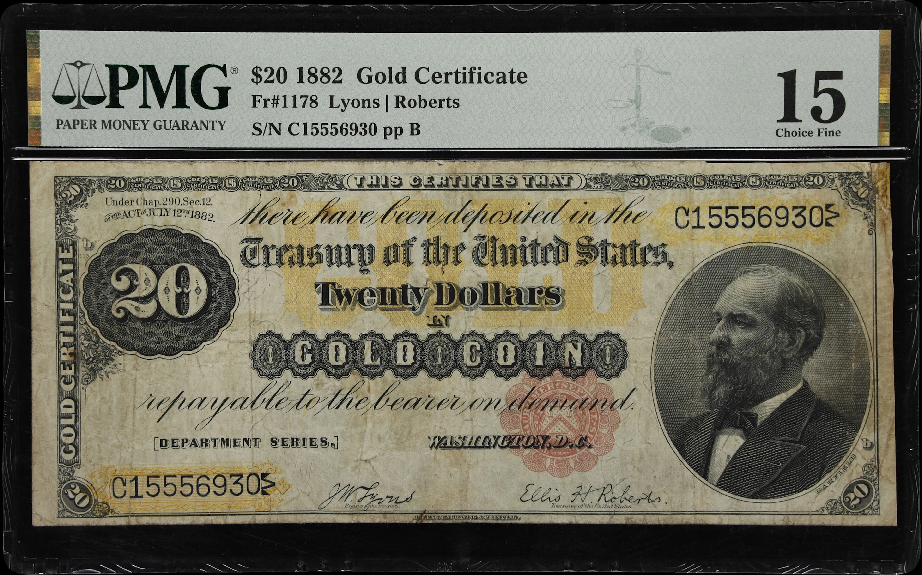 Fr. 1178. 1882 $20 Gold Certificate. PMG Choice Fine 15.