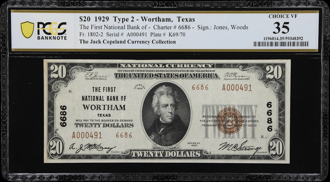 Wortham, Texas. $20 1929 Ty. 2. Fr. 1802-2. First NB. Charter #6686.