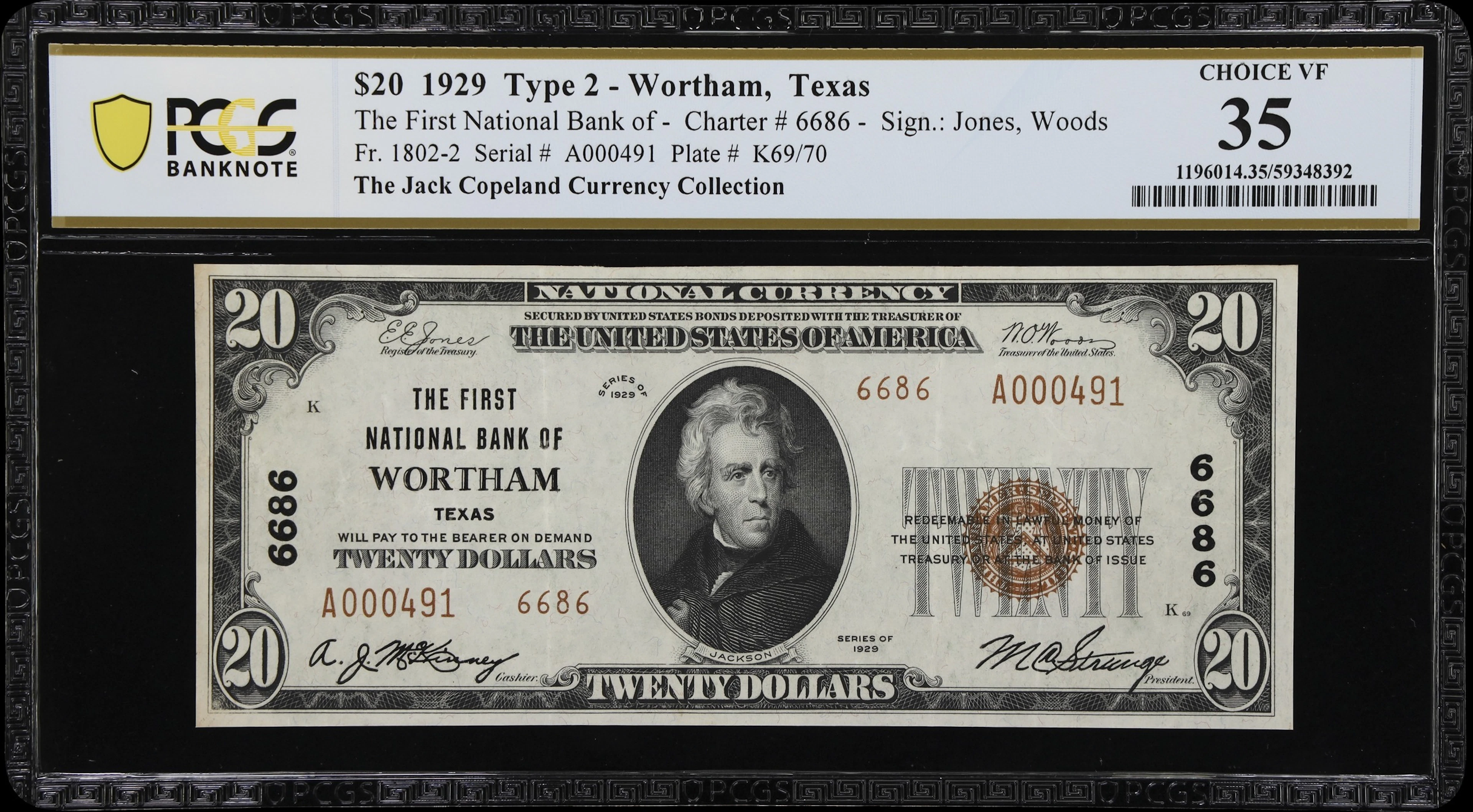 Wortham, Texas. $20 1929 Ty. 2. Fr. 1802-2. First NB. Charter #6686.