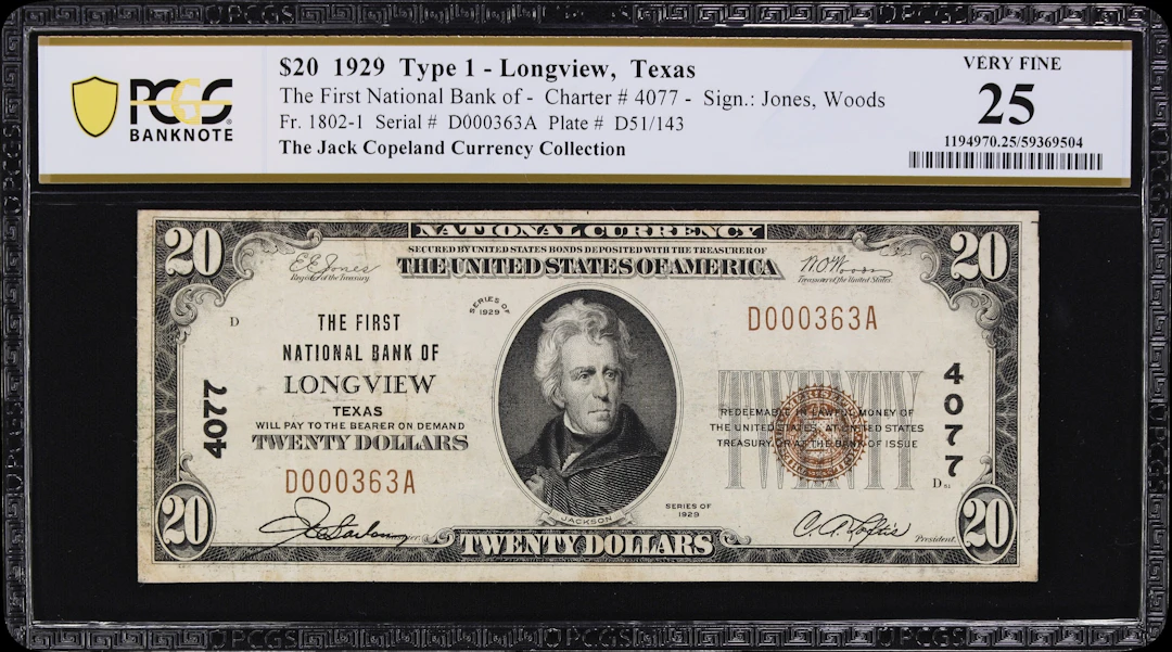 Longview, Texas. $20 1929 Ty. 1. Fr. 1802-1. First NB. Charter #4077.
