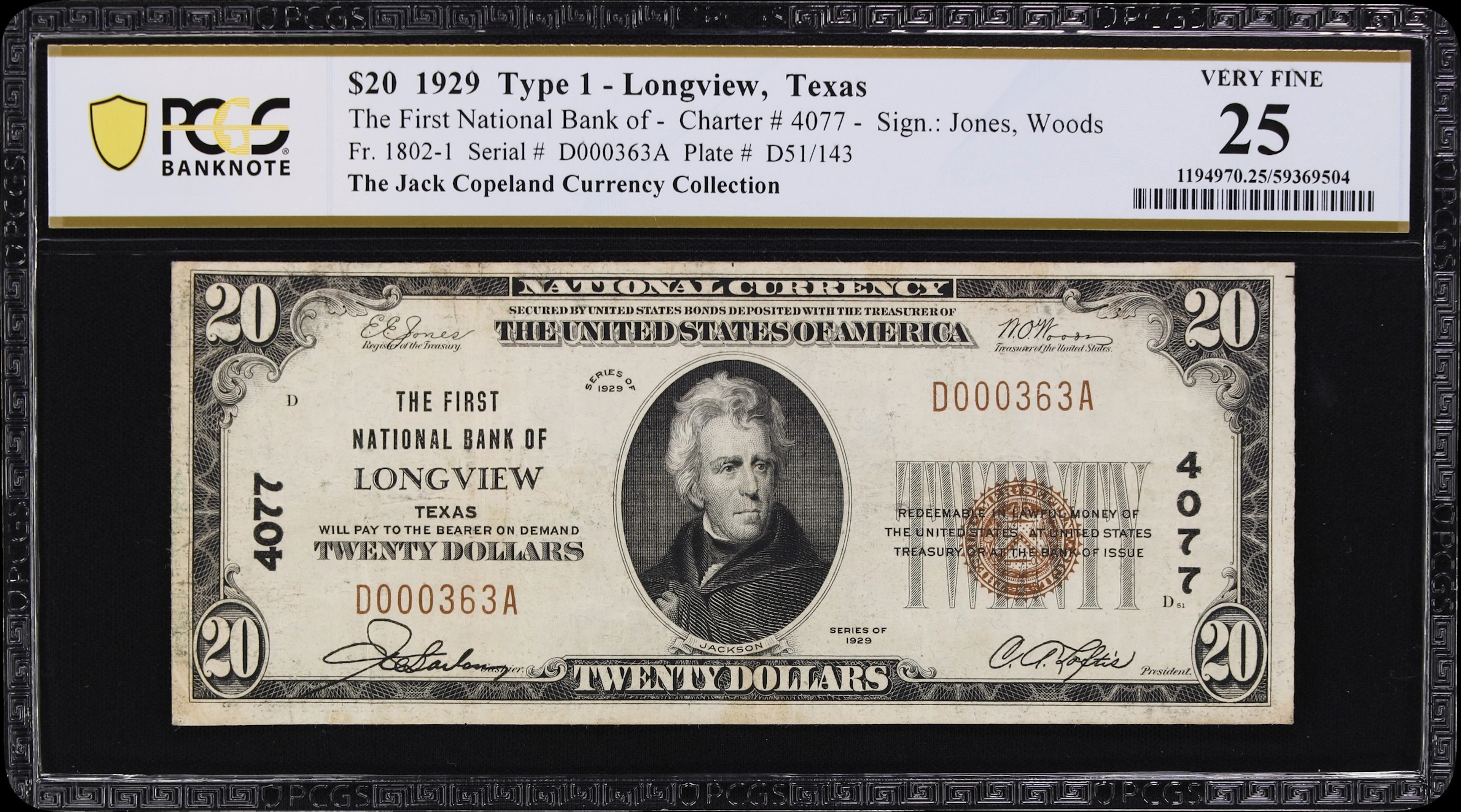Longview, Texas. $20 1929 Ty. 1. Fr. 1802-1. First NB. Charter #4077.