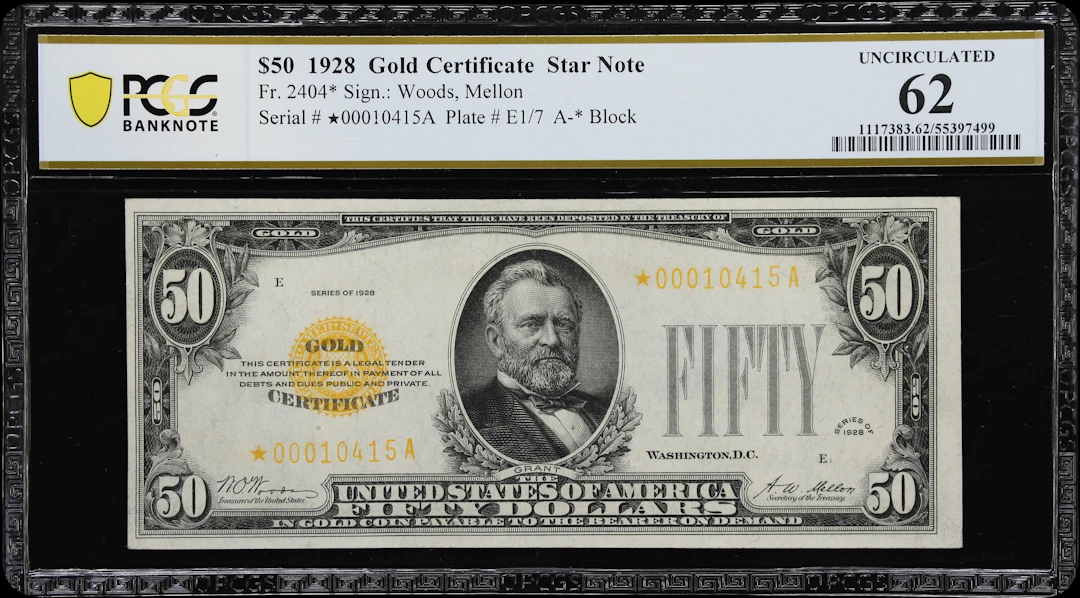 Fr. 2404*. 1928 $50 Gold Certificate Star Note. PCGS Banknote Uncirculated 62.