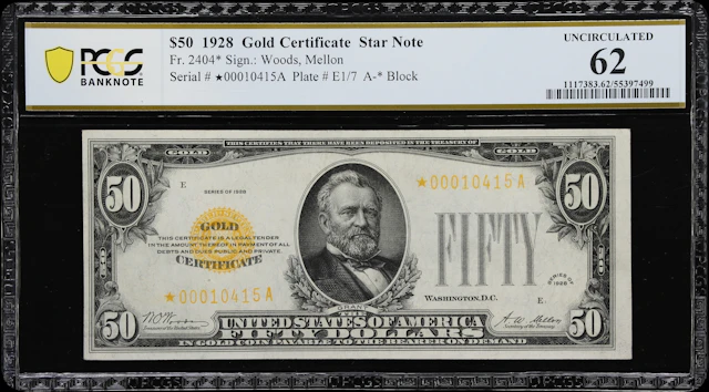 Fr. 2404*. 1928 $50 Gold Certificate Star Note. PCGS Banknote Uncirculated 62.