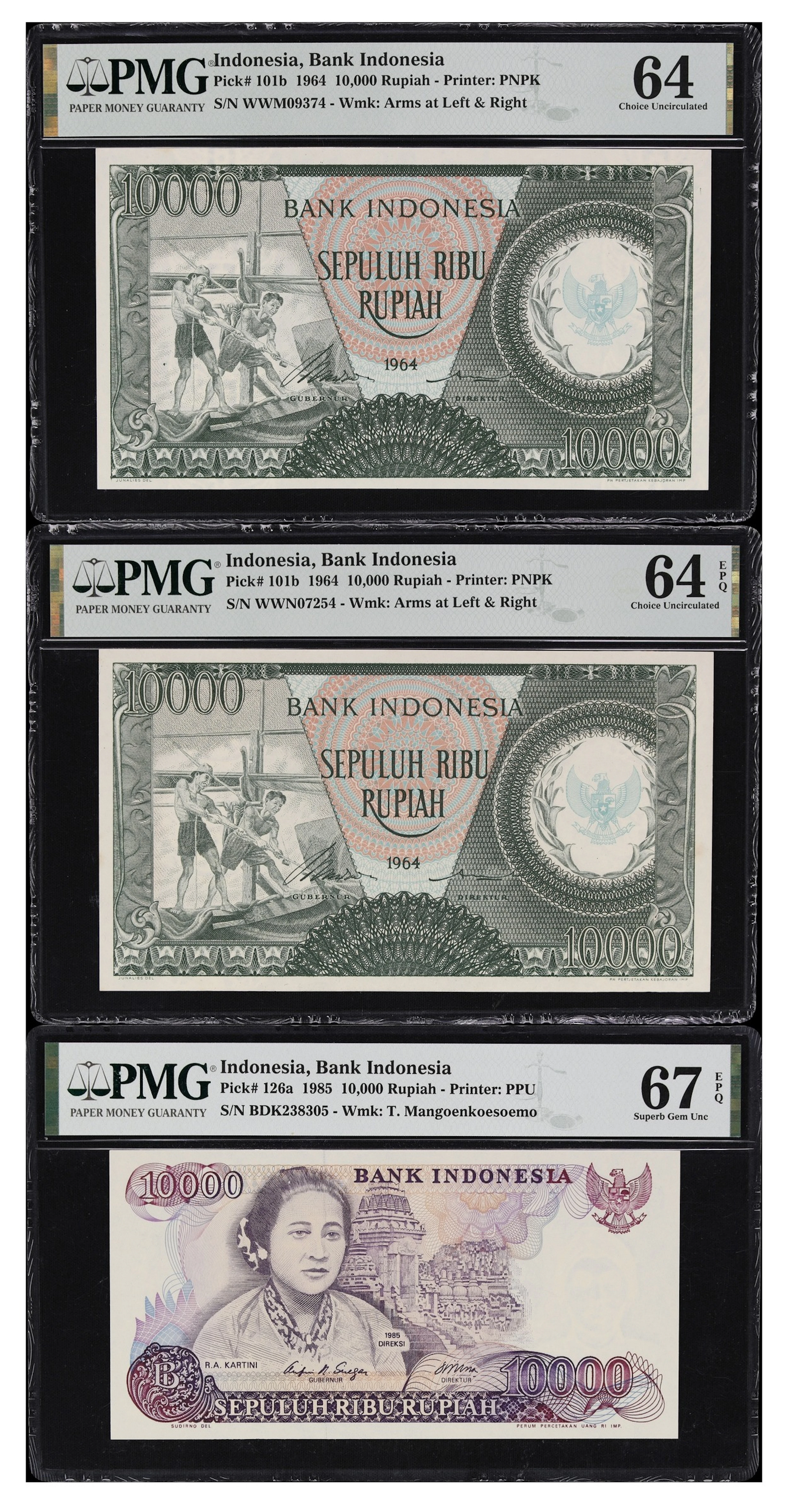 INDONESIA. Lot of (3). Bank Indonesia. 10,000 Rupiah, 1964-85. P-101b