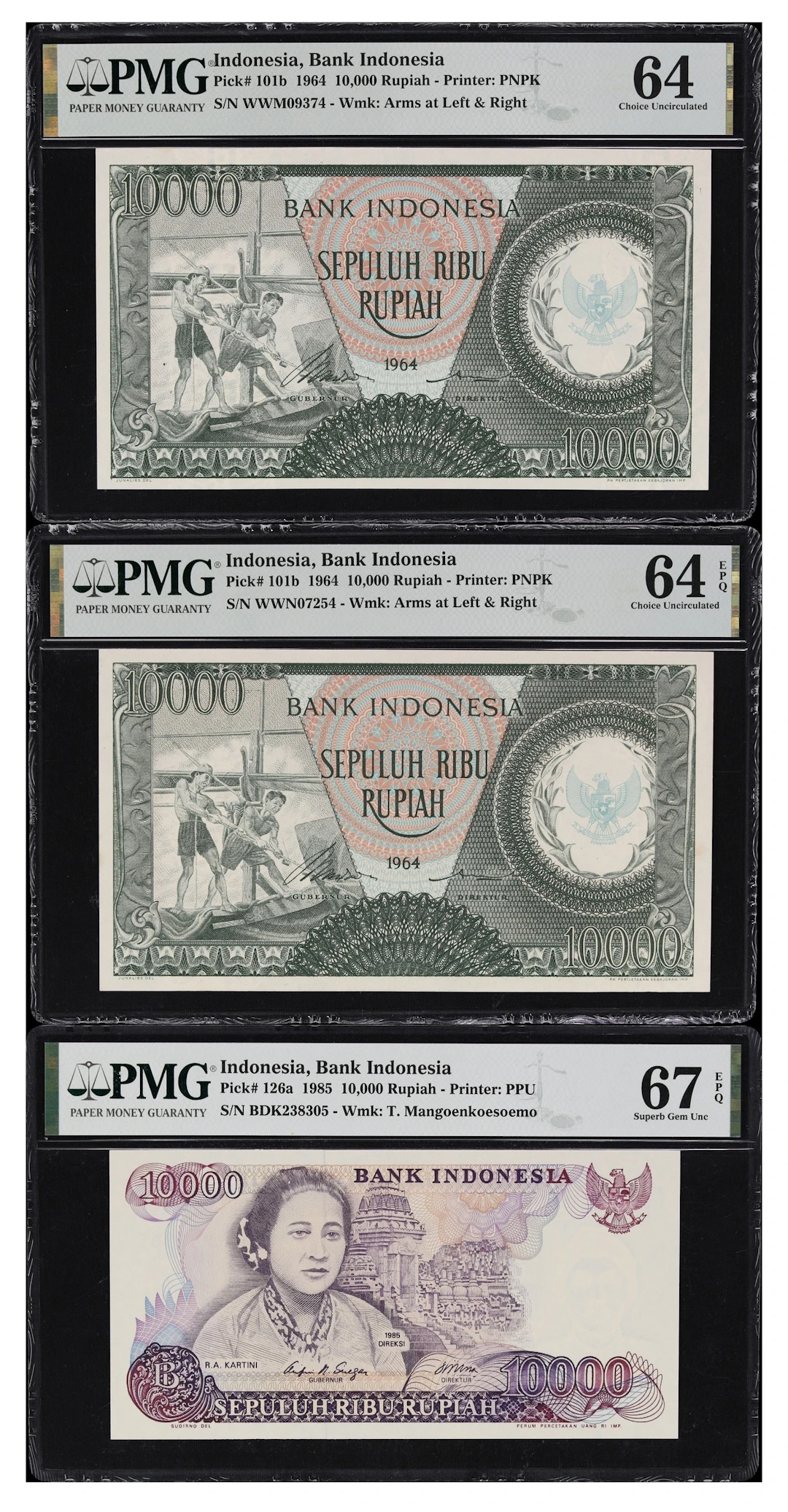 INDONESIA. Lot of (3). Bank Indonesia. 10,000 Rupiah, 1964-85. P-101b