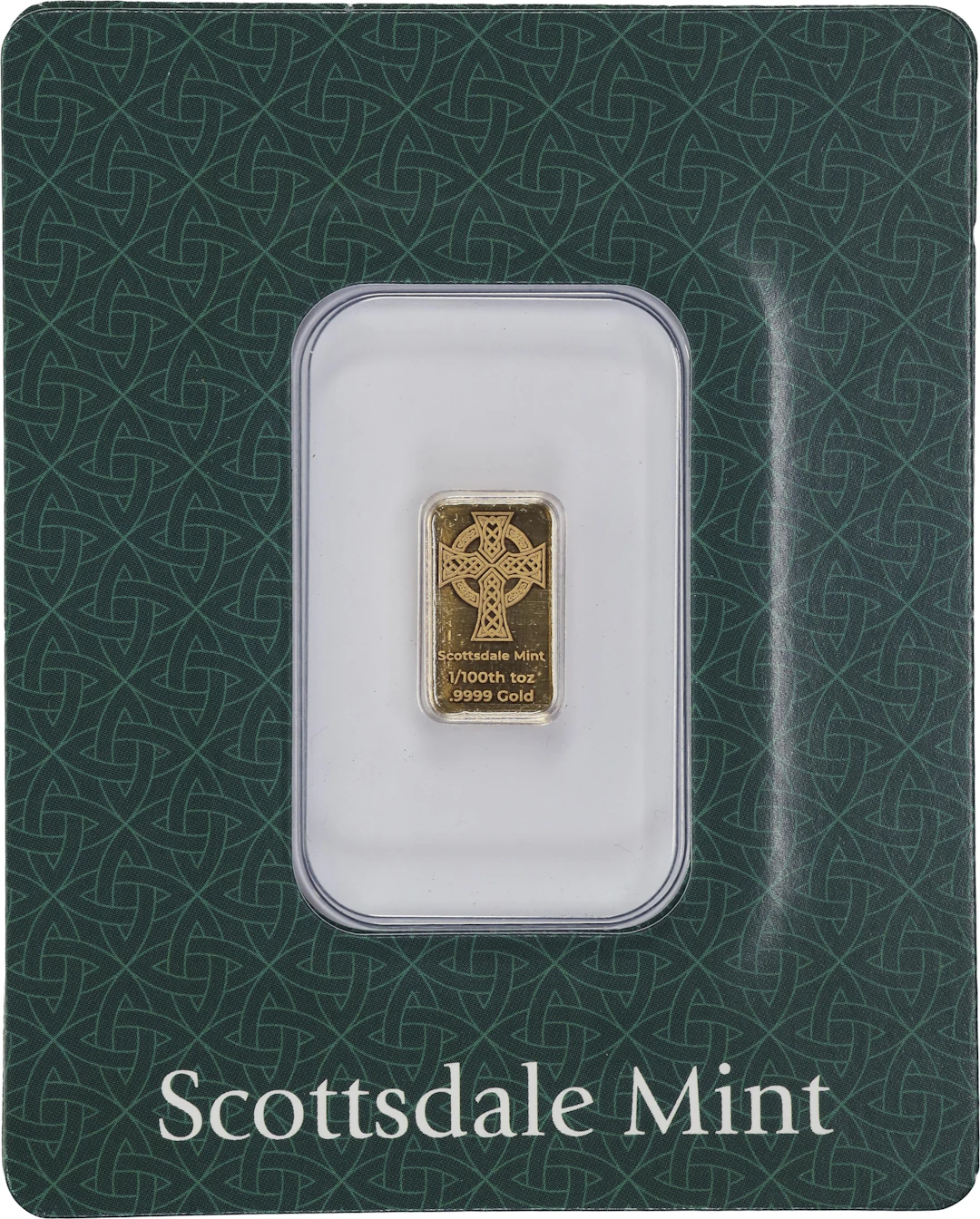 (0.01 oz, 0.311 g AGW). Scottsdale Mint 1/100 oz Gold Bar.