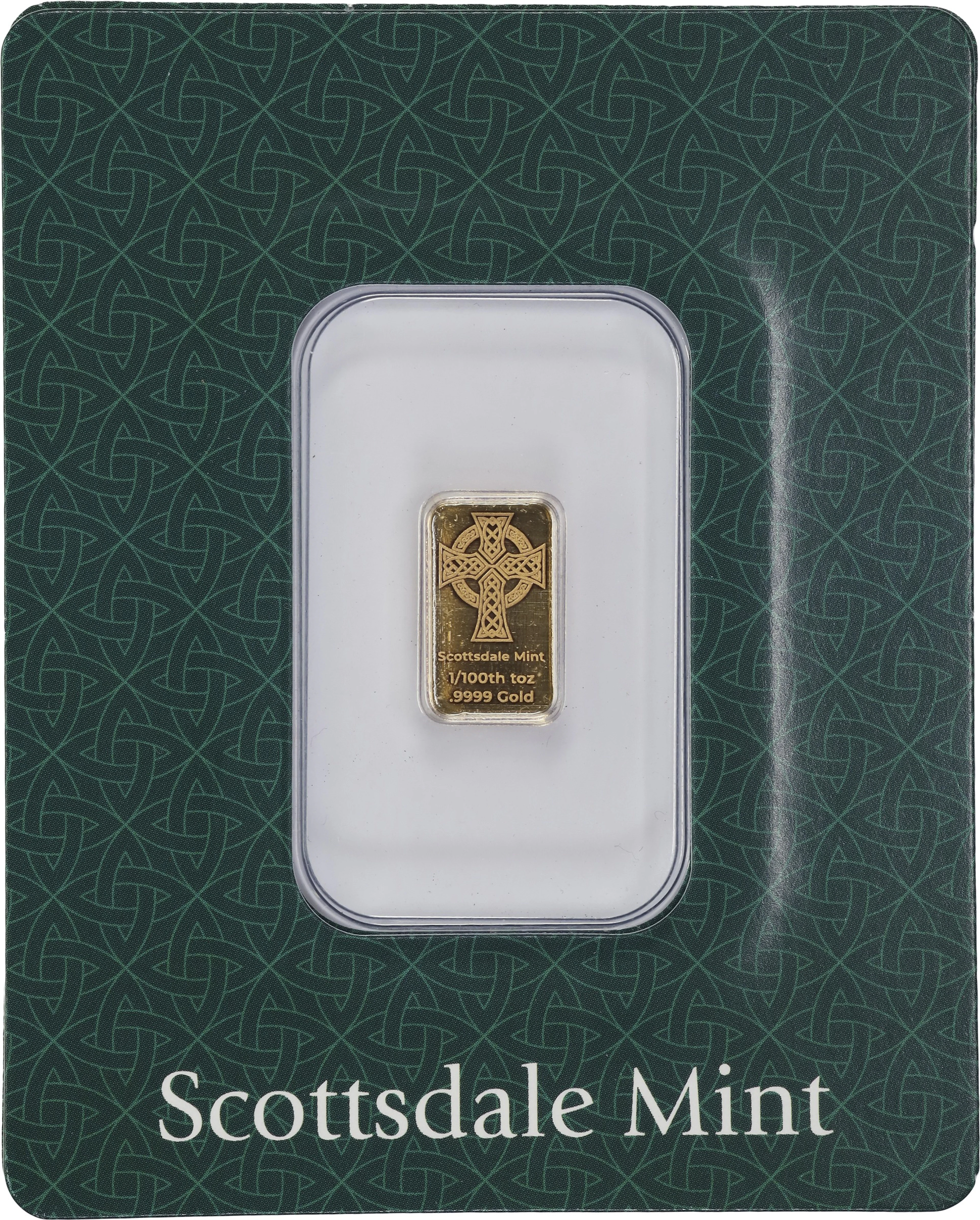 (0.01 oz, 0.311 g AGW). Scottsdale Mint 1/100 oz Gold Bar.