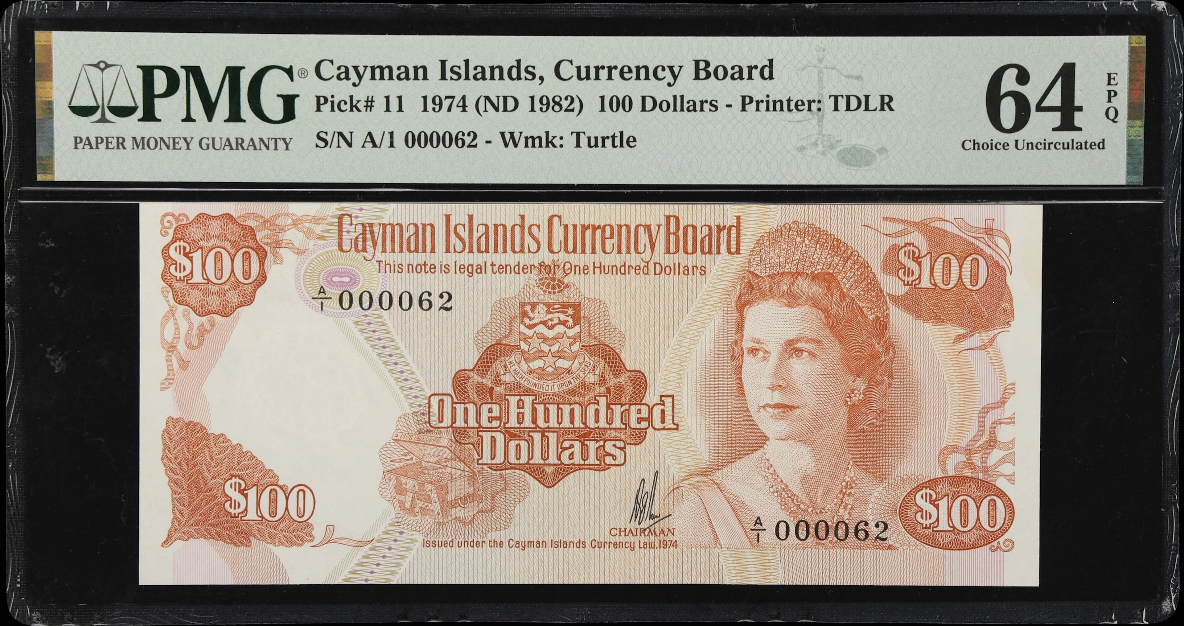(◊) CAYMAN ISLANDS. Cayman Islands Currency Board. 100 Dollars, 1974