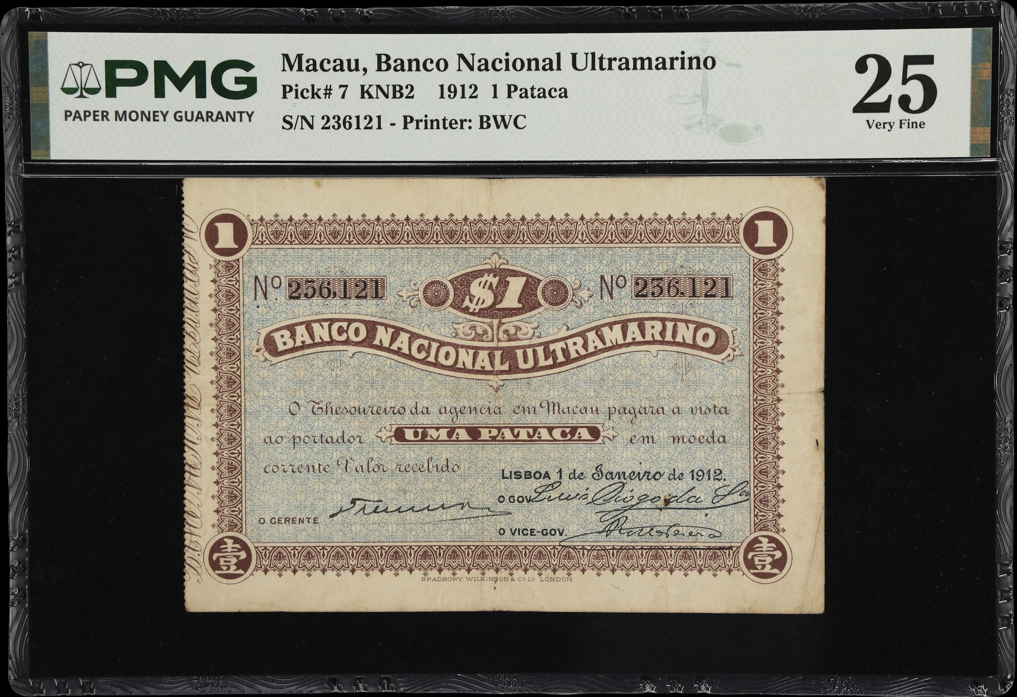 MACAU (SAR). Banco Nacional Ultramarino. 1 Pataca, 1.1.1912. P-7.