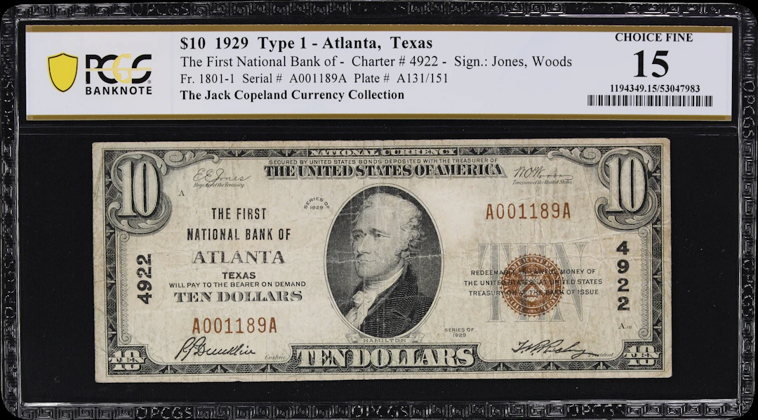 Atlanta, Texas. $10 1929 Ty. 1. Fr. 1801-1. First NB. Charter #4922.