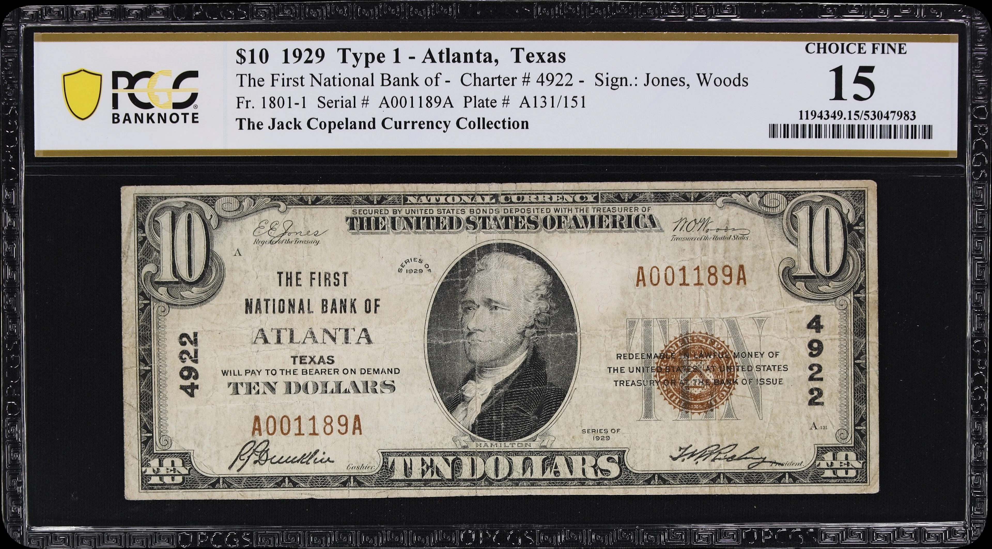 Atlanta, Texas. $10 1929 Ty. 1. Fr. 1801-1. First NB. Charter #4922.