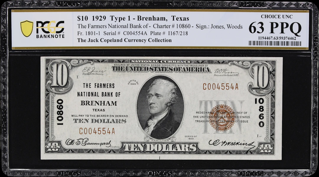 Brenham, Texas. $10 1929 Ty. 1. Fr. 1801-1. Farmers NB. Charter #10860.