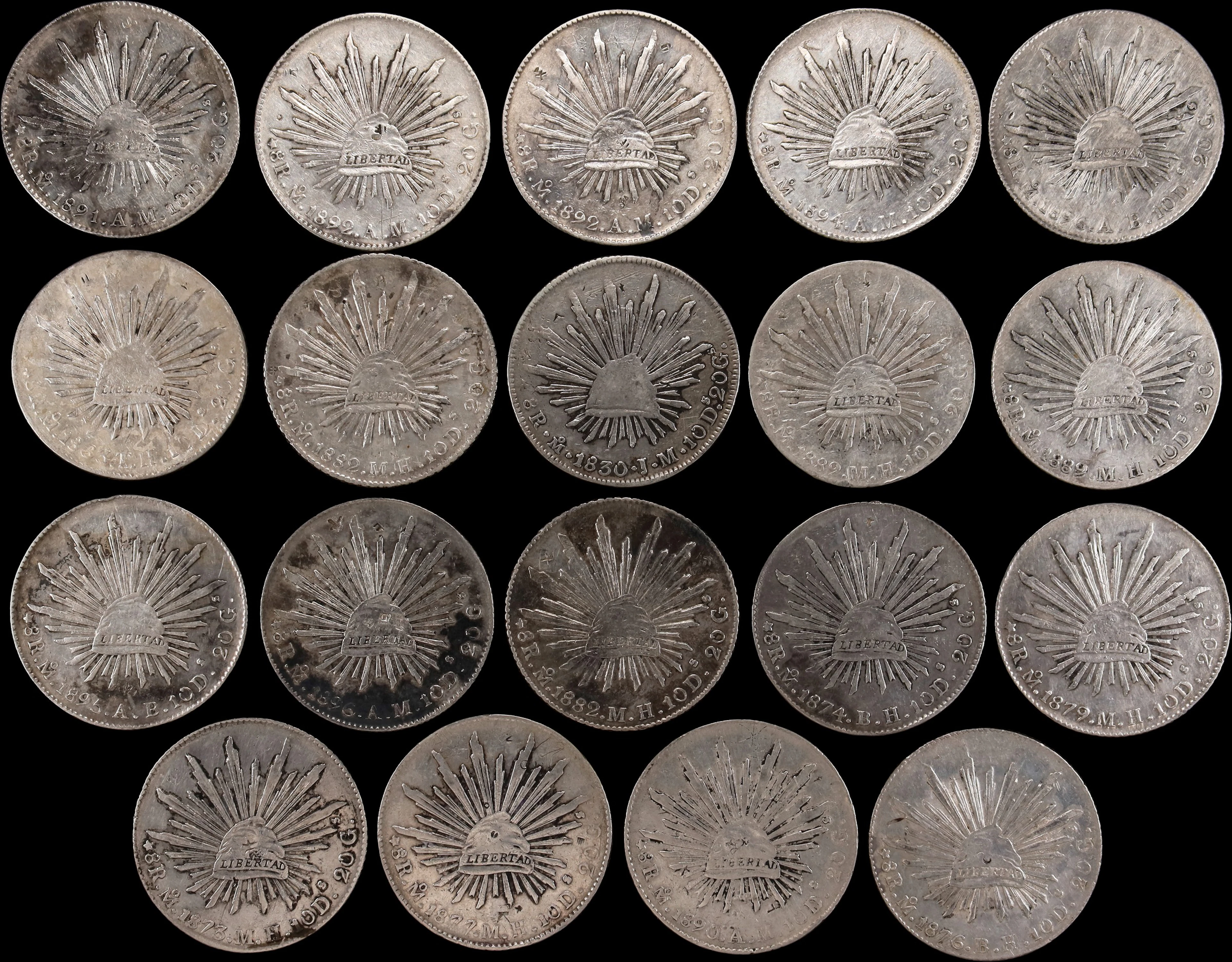 MEXICO. Group of Cap & Ray 8 Reales (19 Pieces), 1830-96. Mexico City