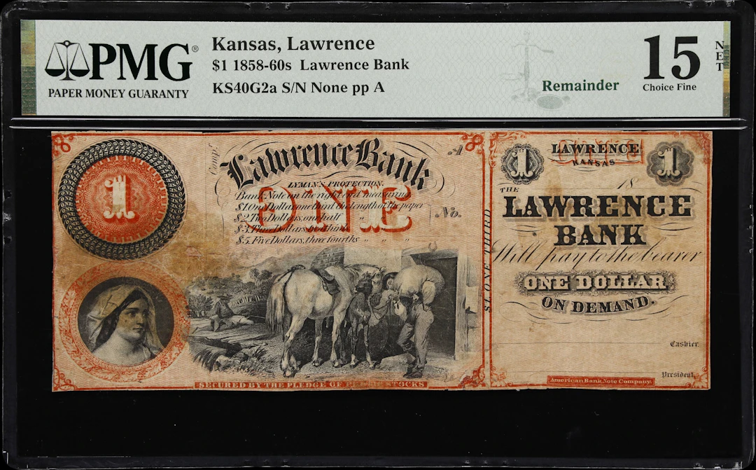 Lawrence, Kansas. Lawrence Bank. 18xx $1. PMG Choice Fine 15 Net.