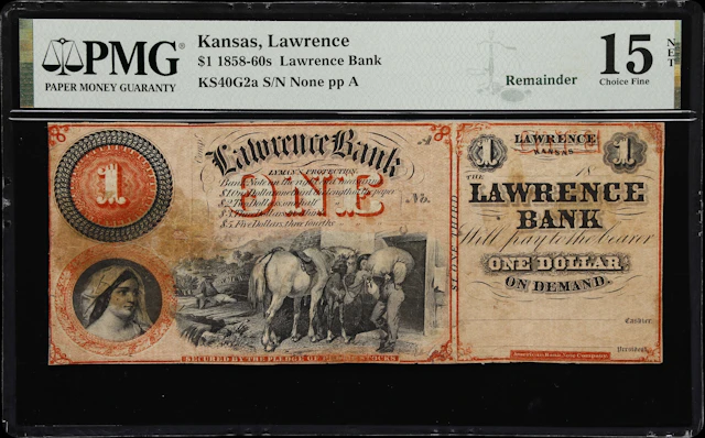 Lawrence, Kansas. Lawrence Bank. 18xx $1. PMG Choice Fine 15 Net.