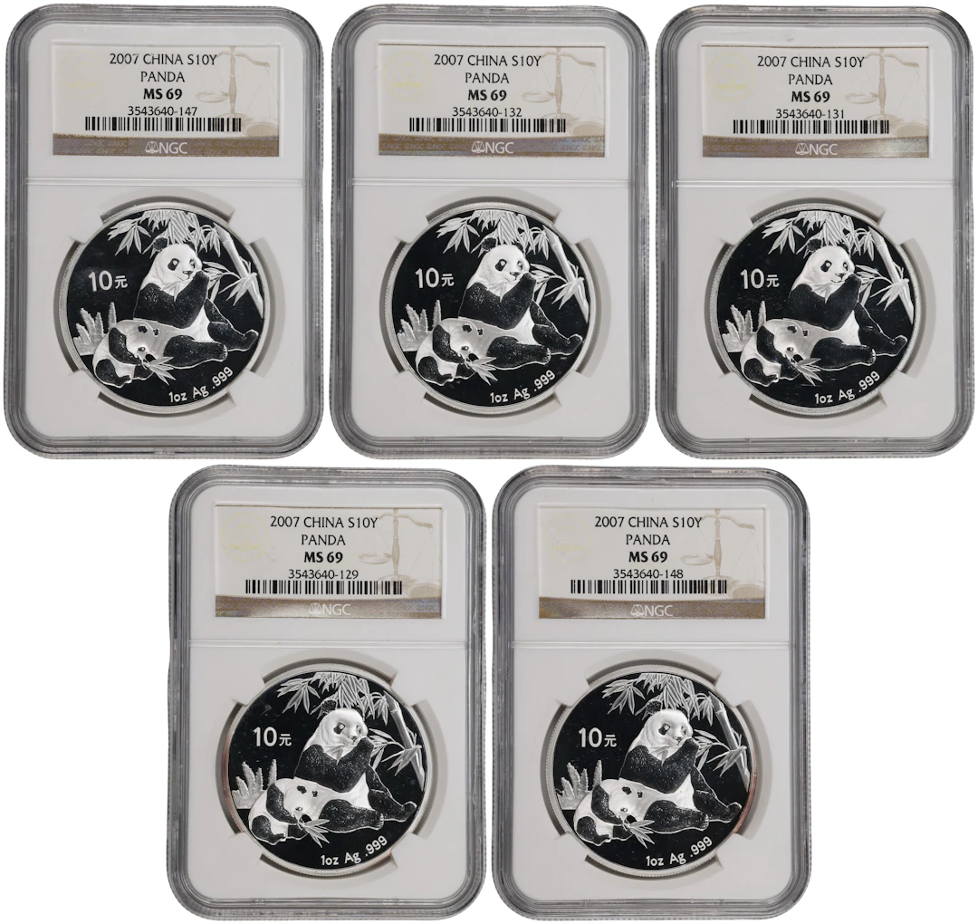 (t) CHINA. Quintet of Silver 10 Yuan (5 Pieces), 2007. Panda Series.
