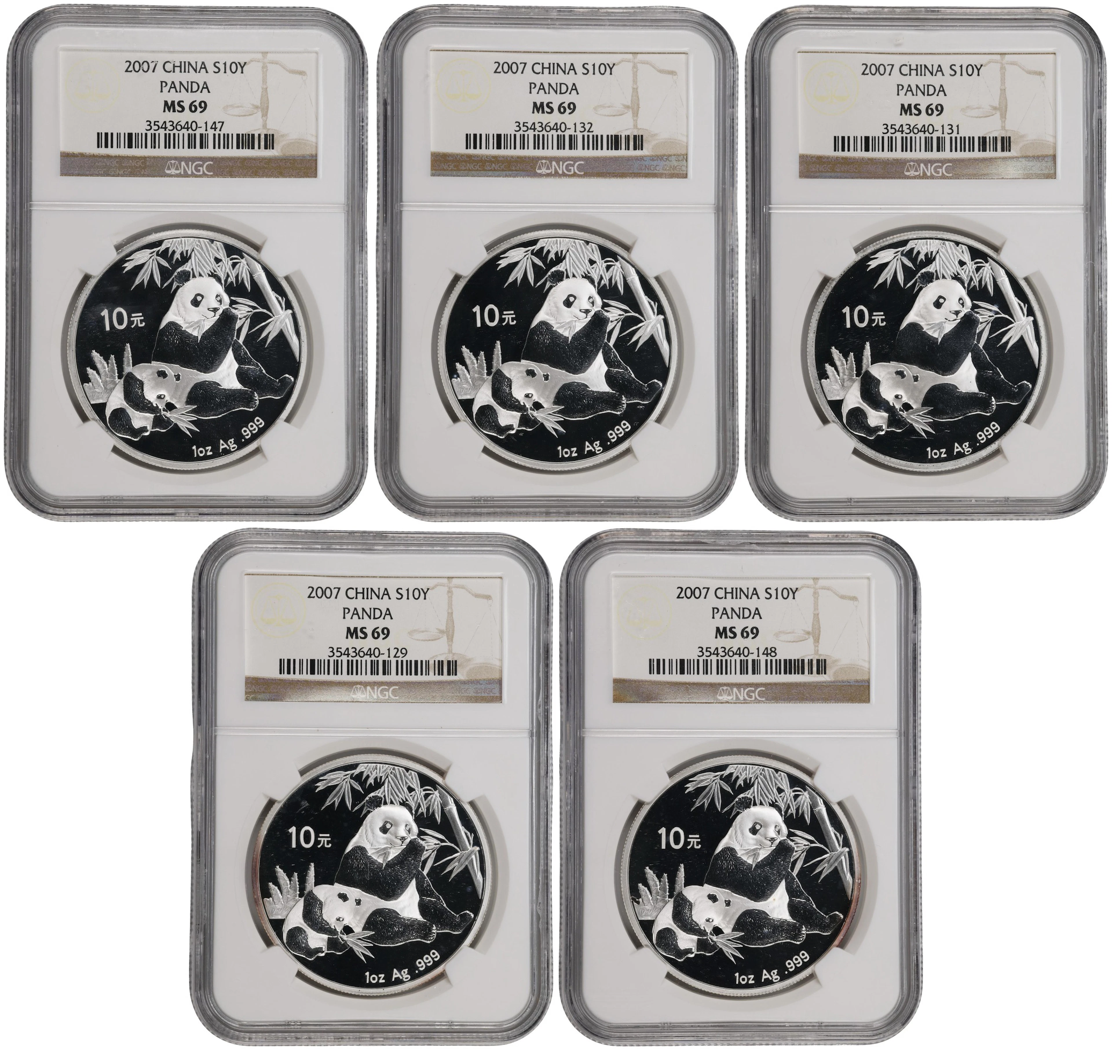 (t) CHINA. Quintet of Silver 10 Yuan (5 Pieces), 2007. Panda Series.