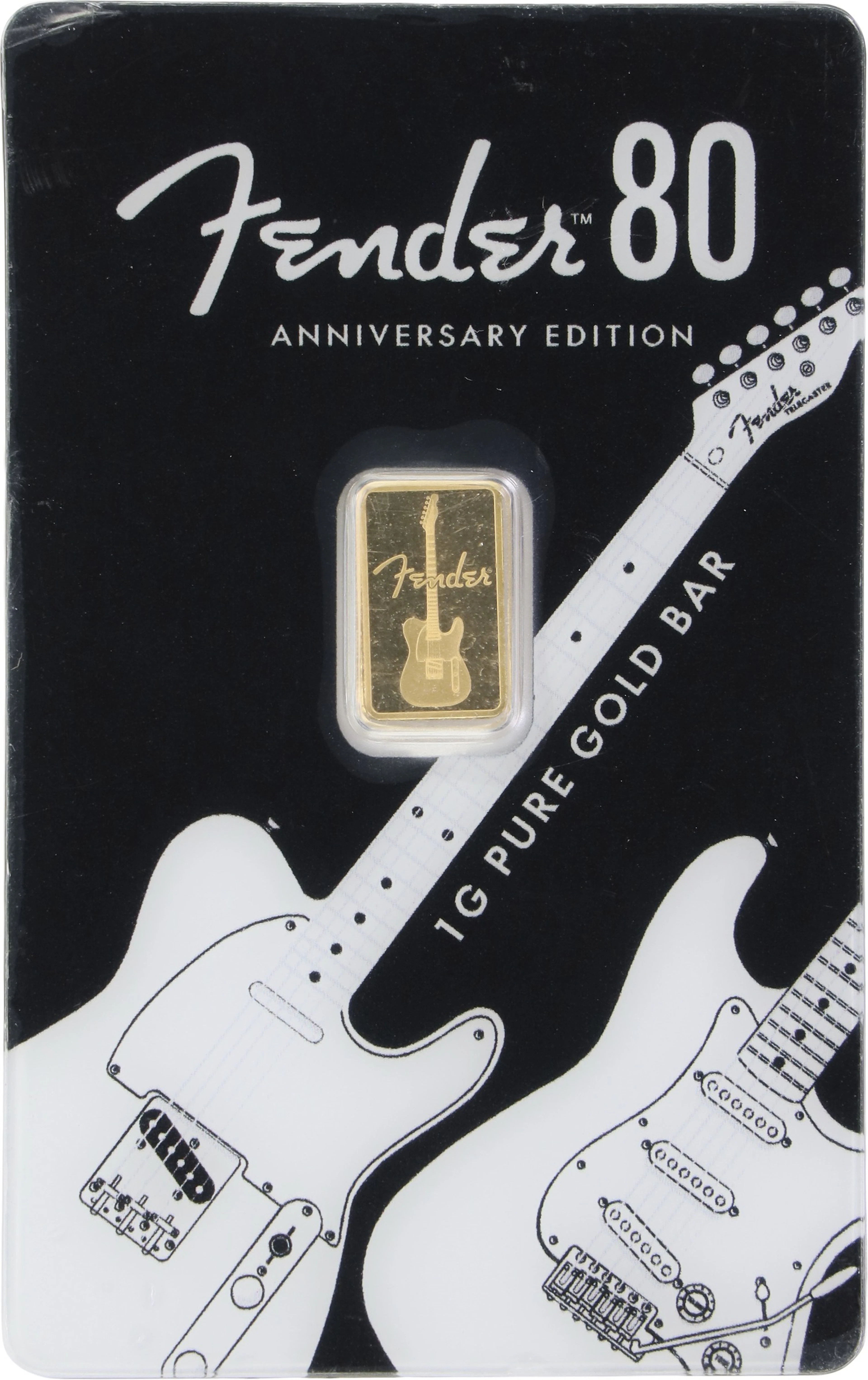 (0.032 oz, 1 g AGW). PAMP Fender 80th Anniversary 1 gram Gold Bar.