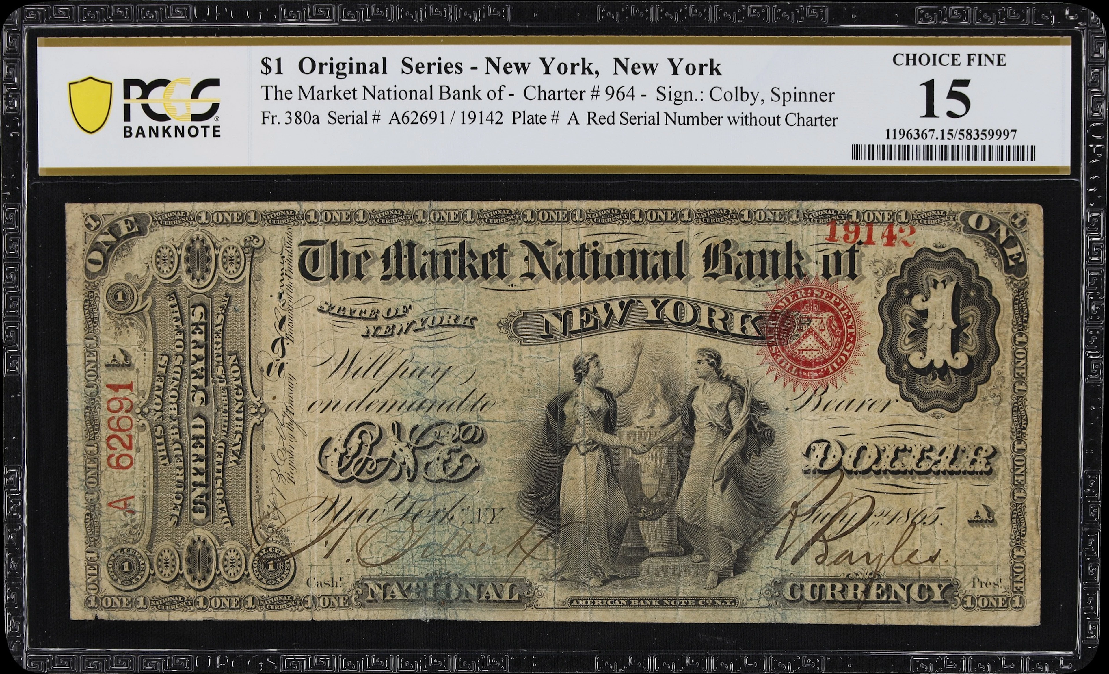 New York, New York. Original $1 Fr. 380a. Market NB. Charter #964.