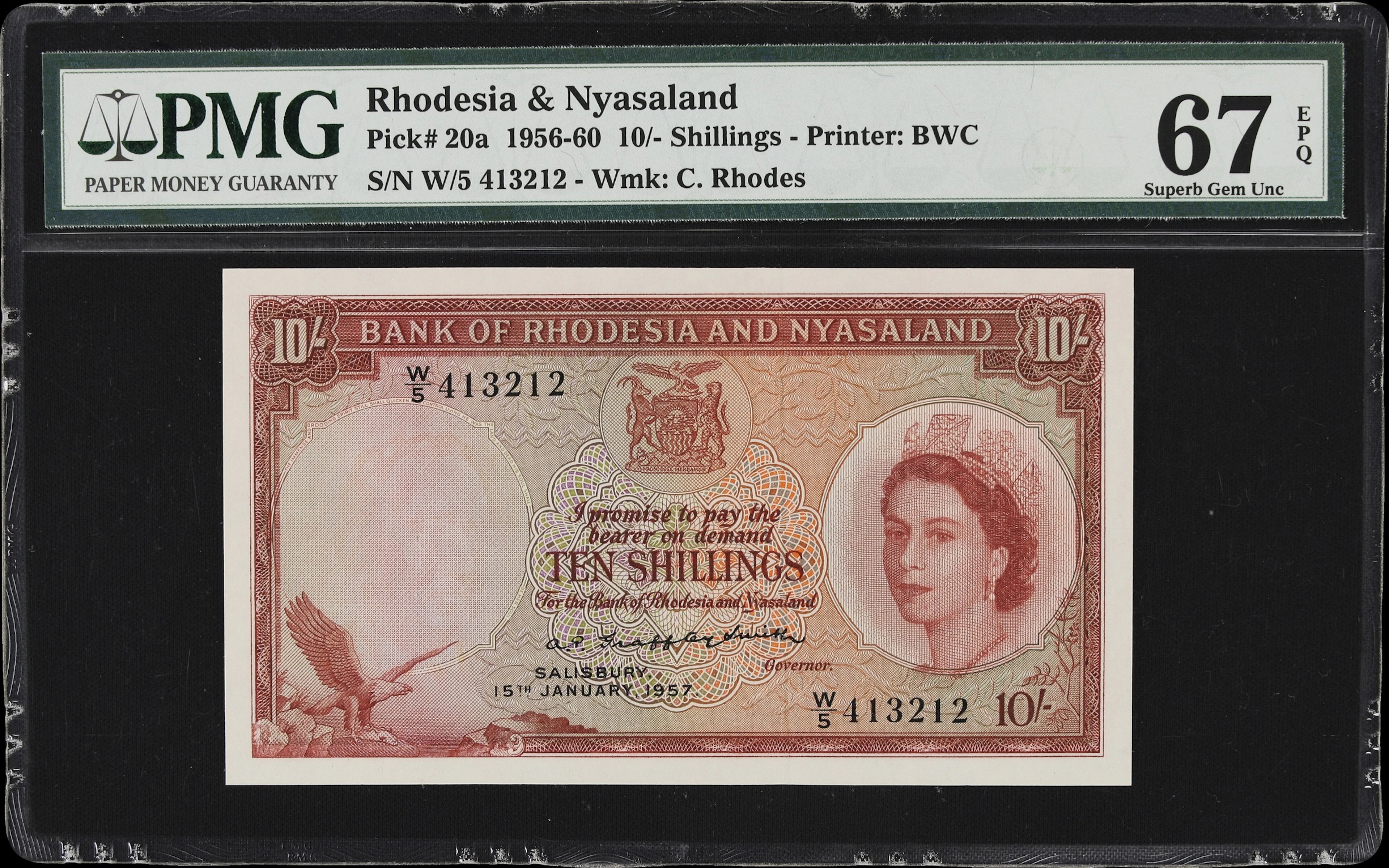 RHODESIA & NYASALAND. Bank of Rhodesia & Nyasaland. 10 Shillings