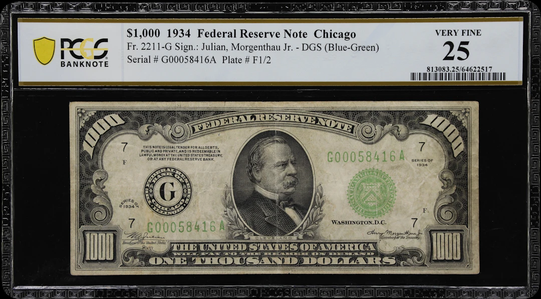 Fr. 2211-G. 1934 Dark Green Seal $1000 Federal Reserve Note. Chicago.