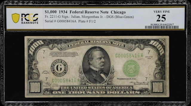 Fr. 2211-G. 1934 Dark Green Seal $1000 Federal Reserve Note. Chicago.