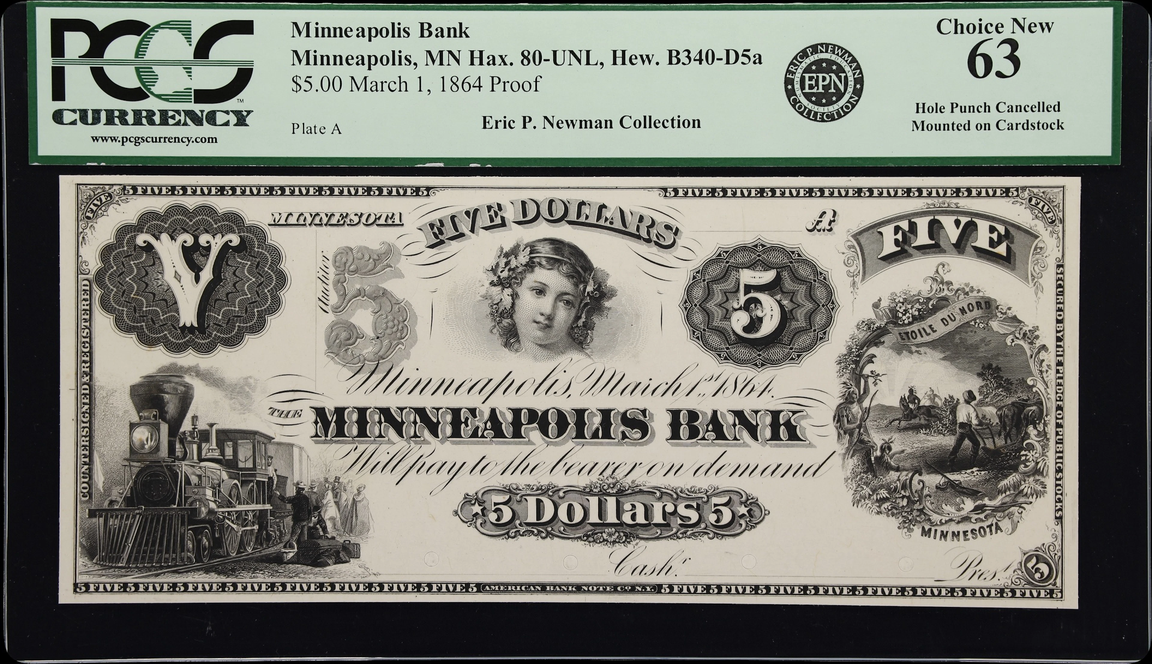 Minneapolis, Minnesota. Minneapolis Bank. 1864 $5. PCGS Currency Choice