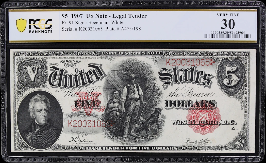 Fr. 91. 1907 $5 Legal Tender Note. PCGS Banknote Very Fine 30.