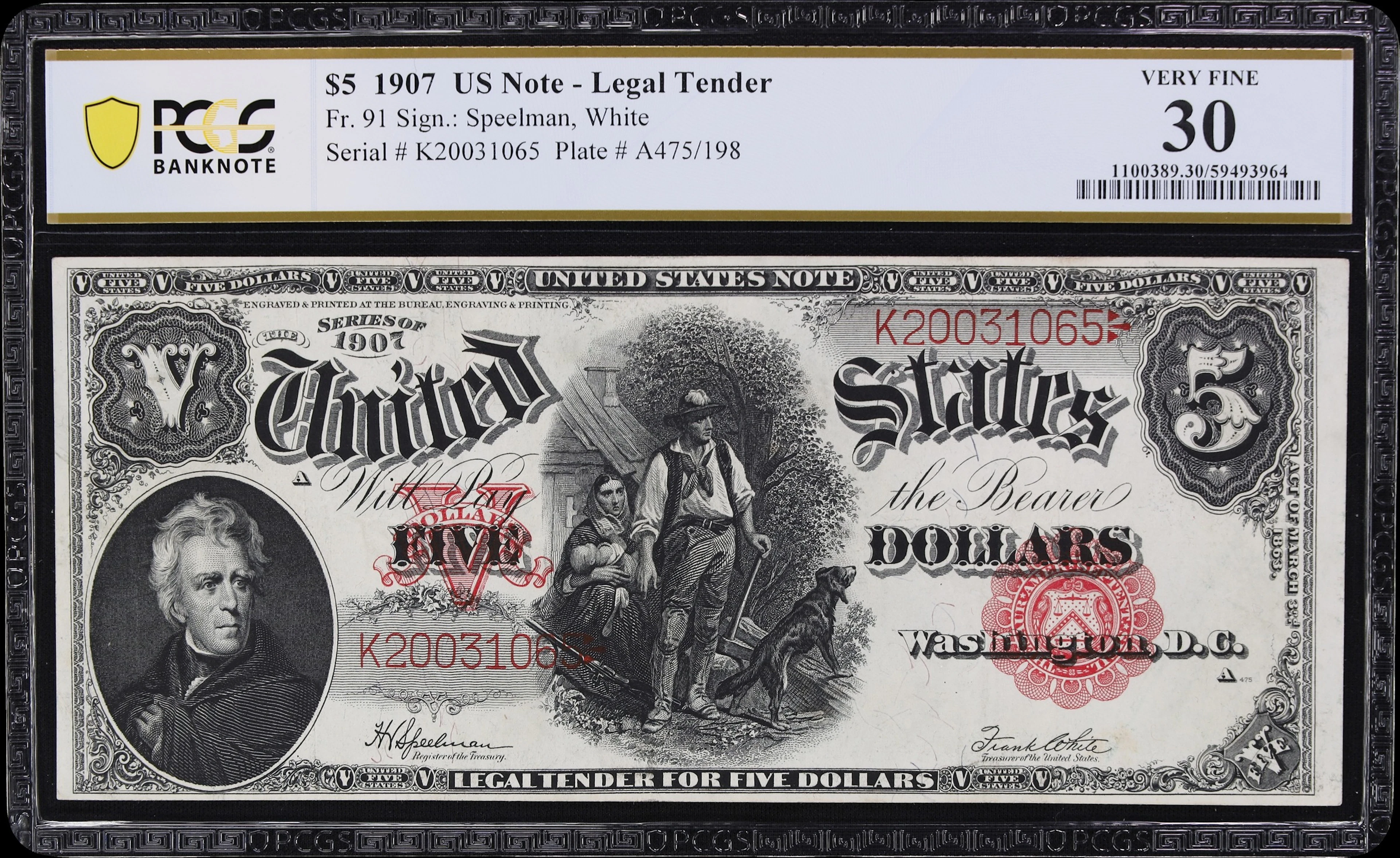 Fr. 91. 1907 $5 Legal Tender Note. PCGS Banknote Very Fine 30.