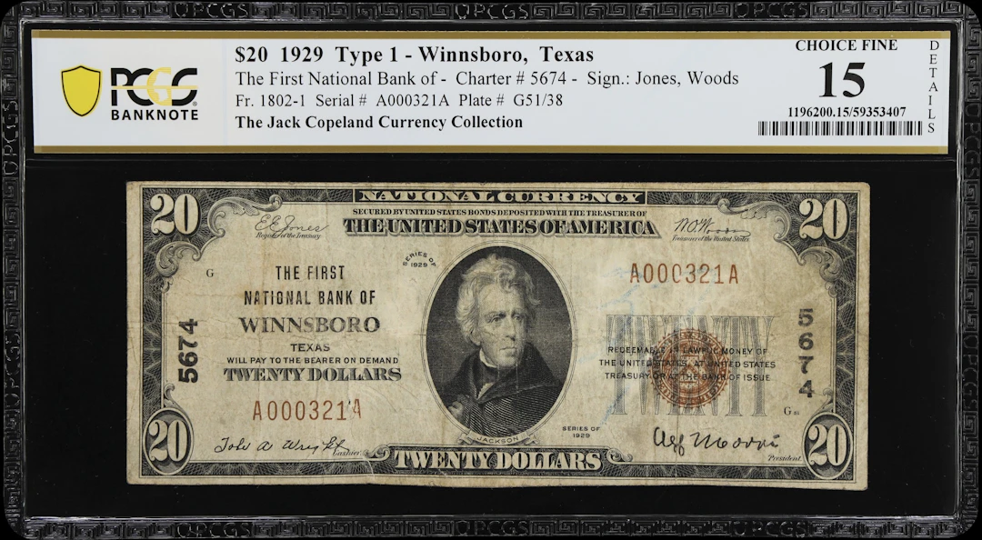 Winnsboro, Texas. $20 1929 Ty. 1. Fr. 1802-1. First NB. Charter #5674.