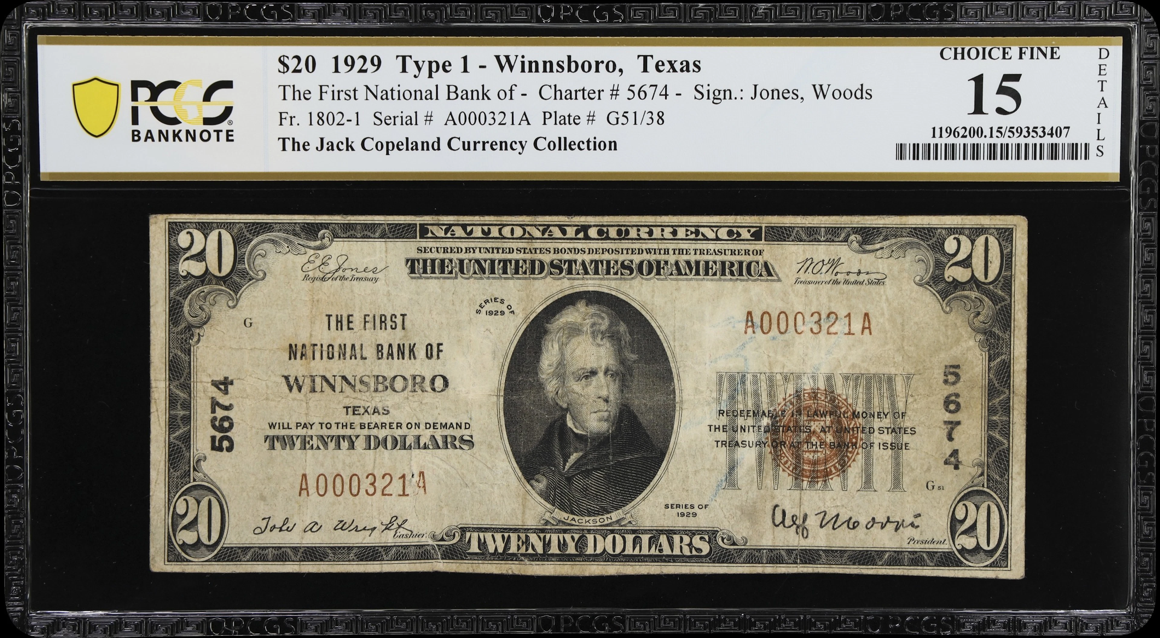 Winnsboro, Texas. $20 1929 Ty. 1. Fr. 1802-1. First NB. Charter #5674.