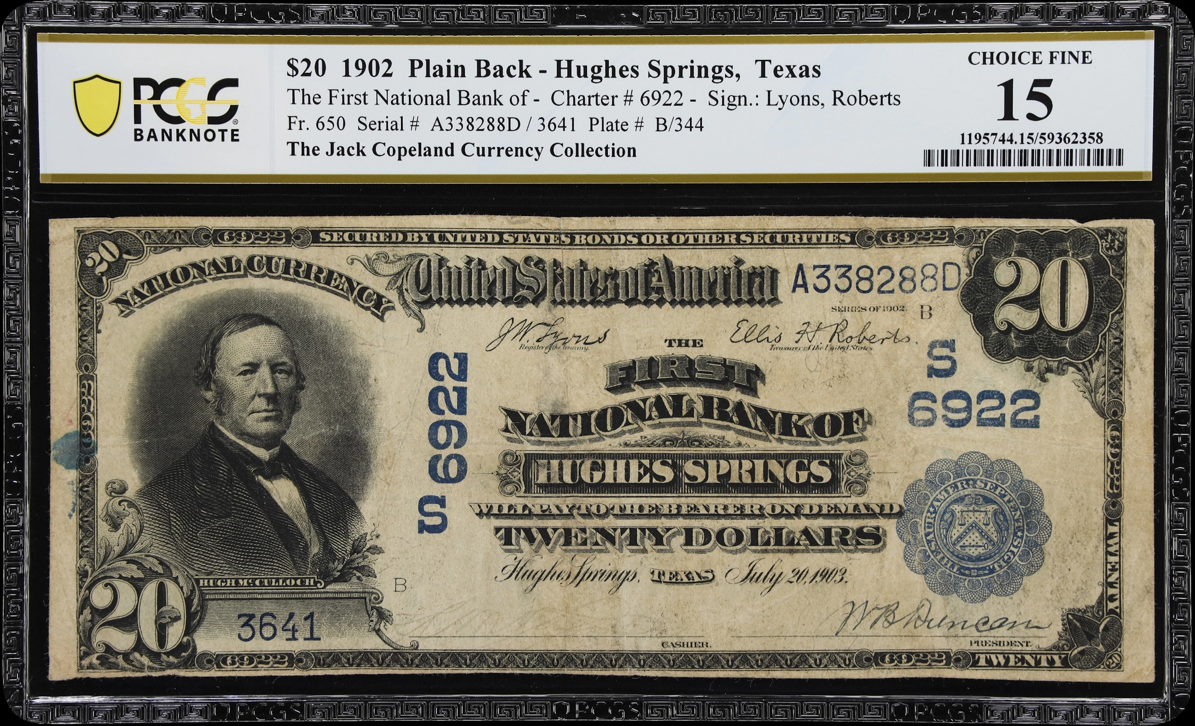Hughes Springs, Texas. $20 1902 Plain Back. Fr. 650. First NB. Charter