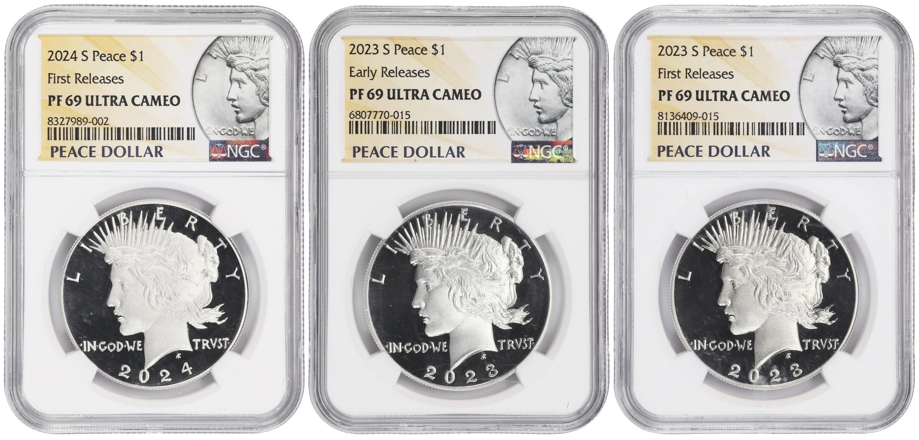(2.577 oz, 80.155 g ASW). Lot of (3) Mixed Date Peace Silver Dollars.