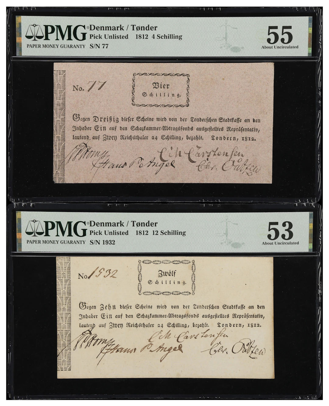 (◊) DENMARK. Lot of (2). Tonder. 4 & 12 Schilling, 1812. P-Unlisted.