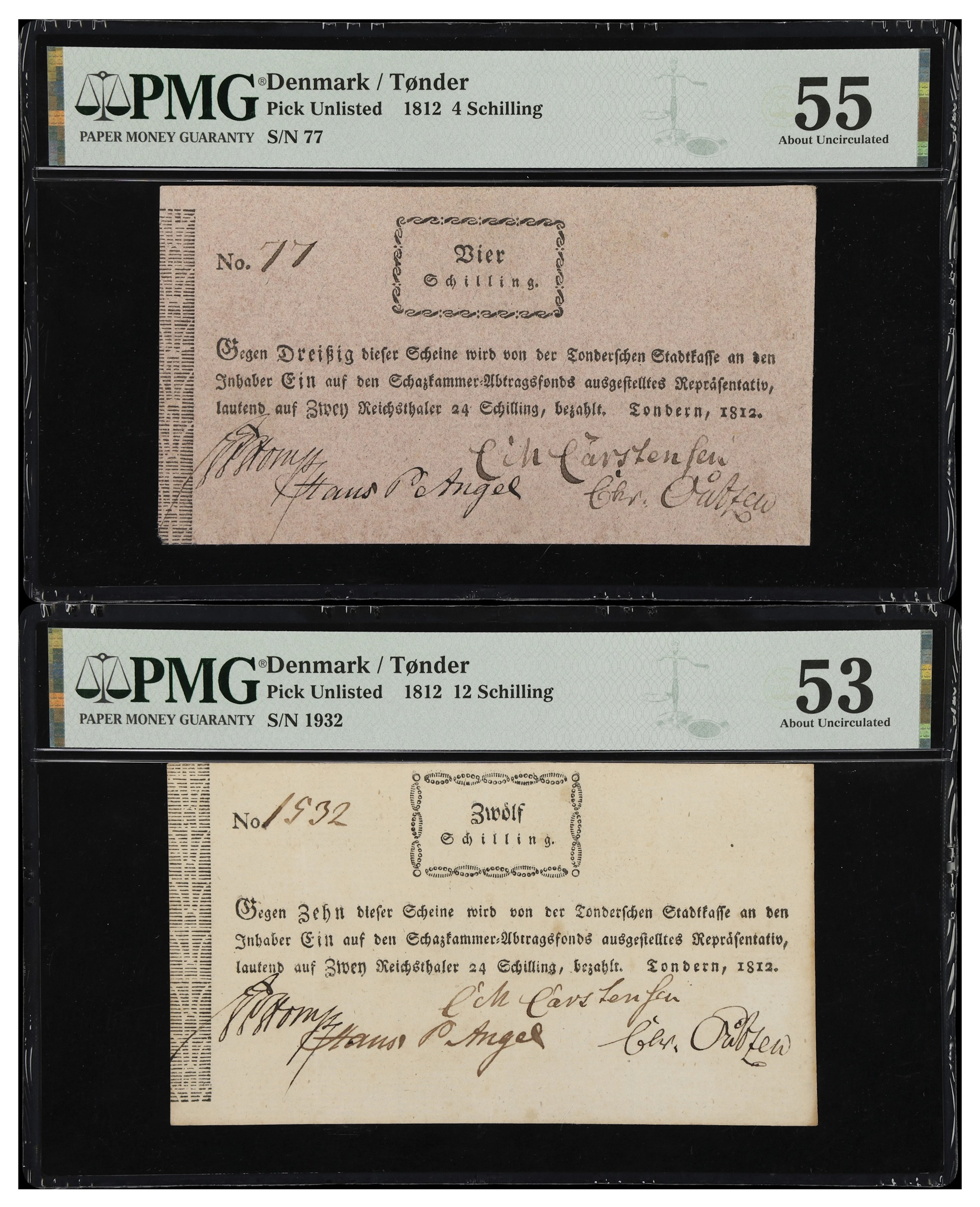 (◊) DENMARK. Lot of (2). Tonder. 4 & 12 Schilling, 1812. P-Unlisted.
