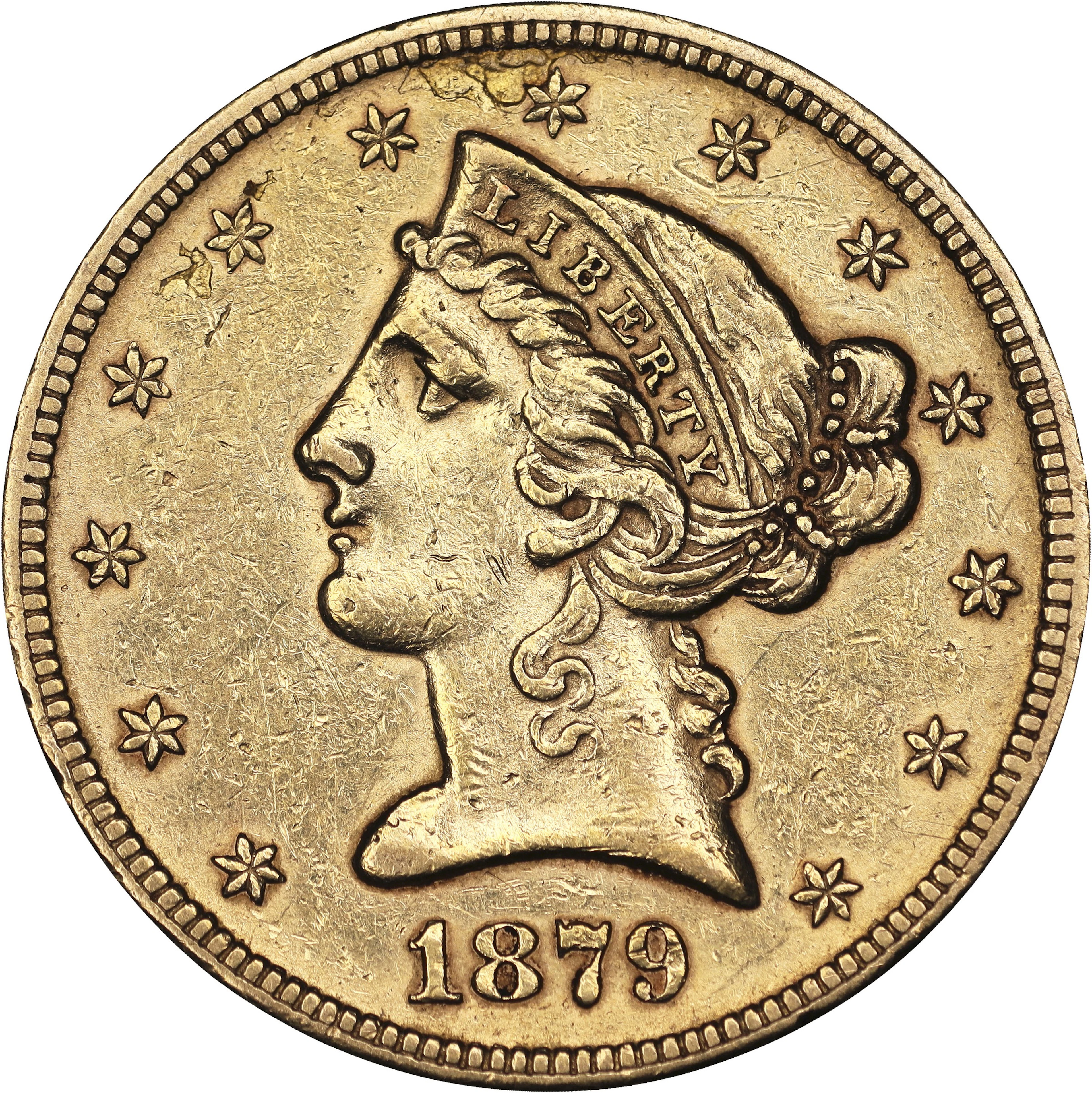(0.242 oz, 7.527 g AGW). 1879 Liberty Head Half Eagle Gold $5.