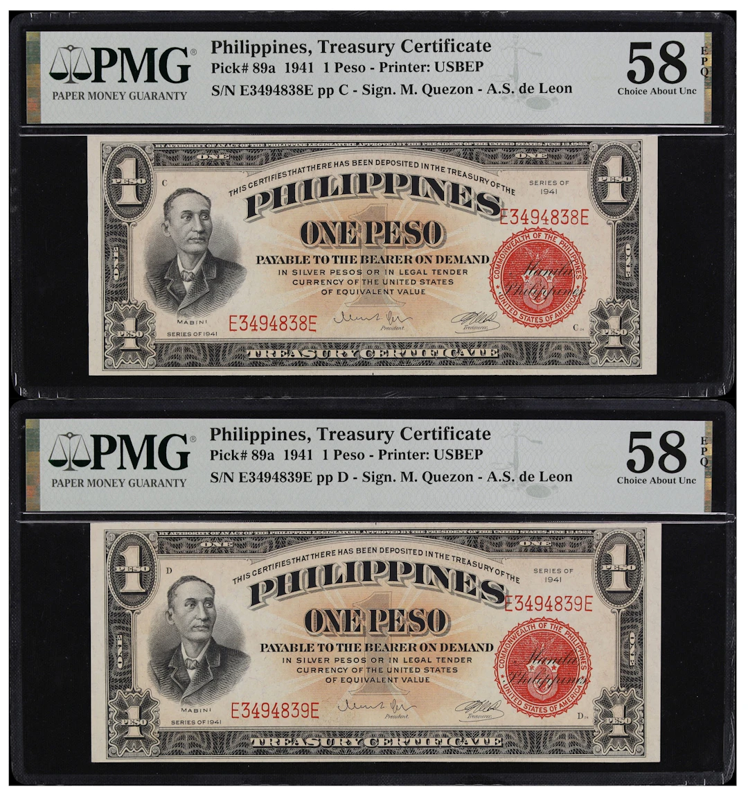 PHILIPPINES. Lot of (2). Treasury of the Philippines. 1 Peso, 1941.