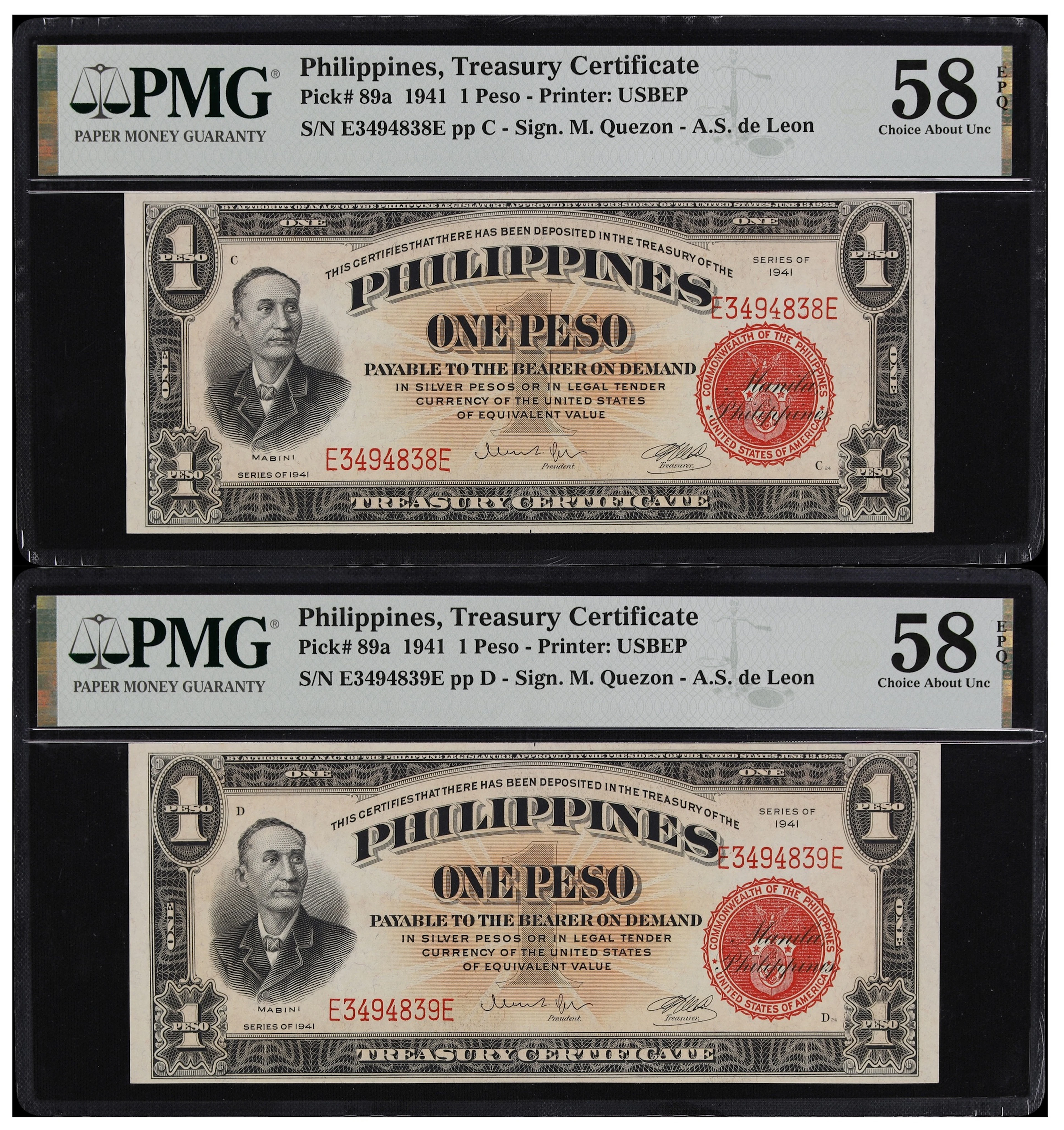 PHILIPPINES. Lot of (2). Treasury of the Philippines. 1 Peso, 1941.