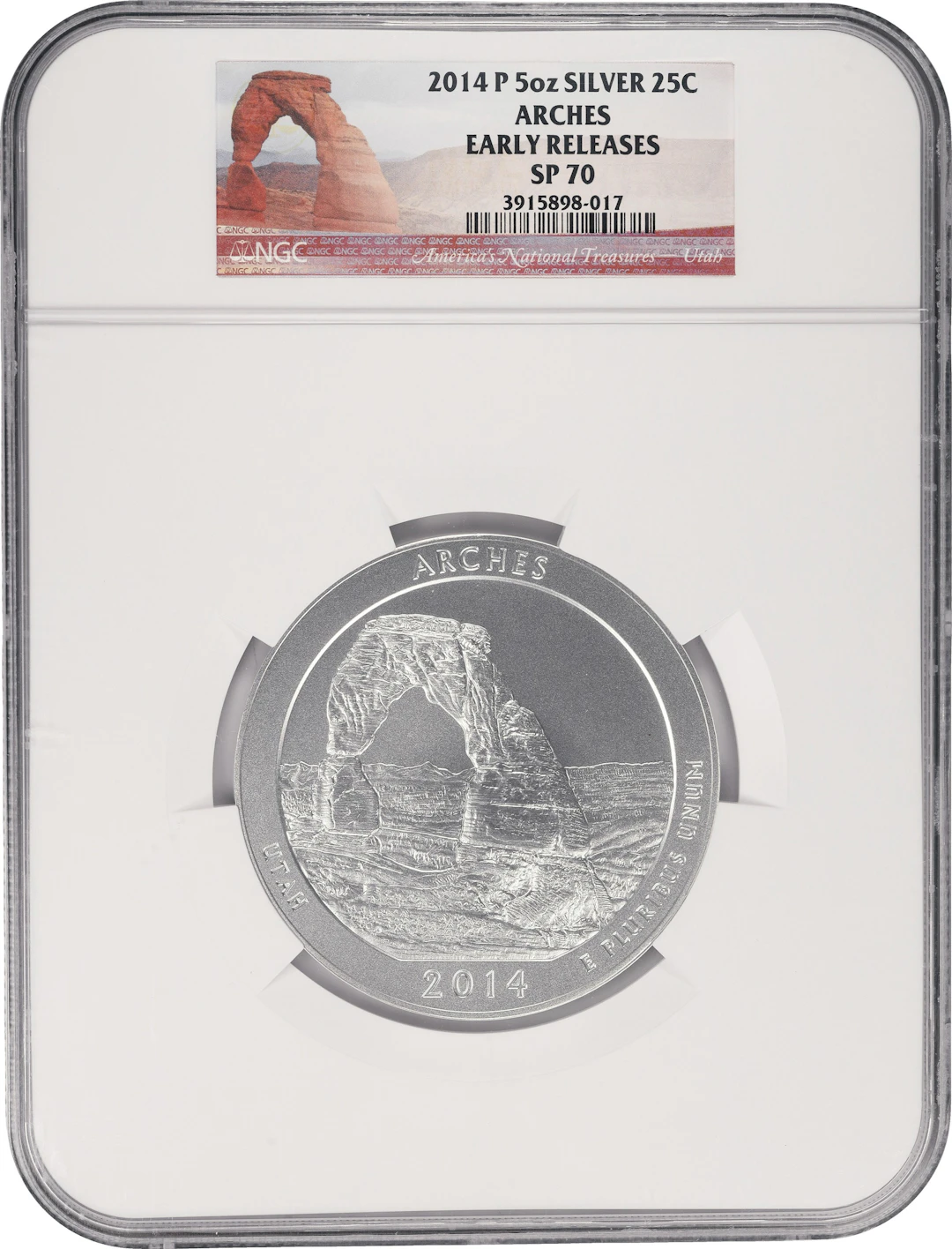 (5 oz, 155.52 g ASW). 2014-P Arches America the Beautiful 5 oz Silver