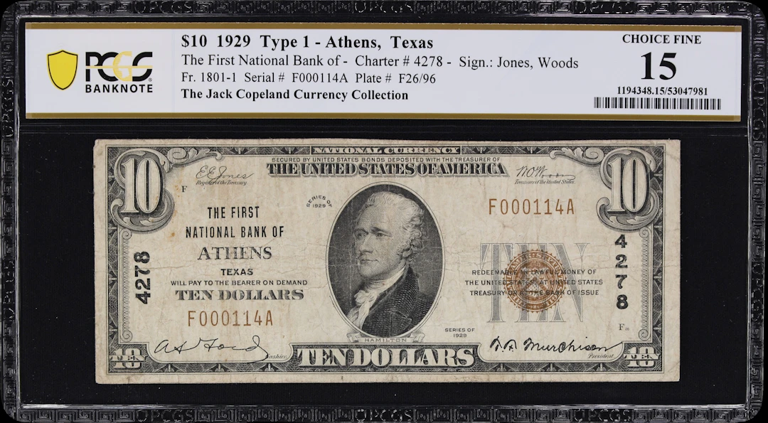 Athens, Texas. $10 1929 Ty. 1. Fr. 1801-1. First NB. Charter #4278.